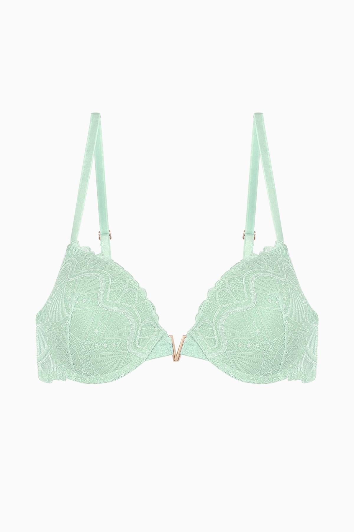 Anna 2568 Yeşil Gold Rengi Metal Aksesuarlı Push Up Dantelli Sütyen