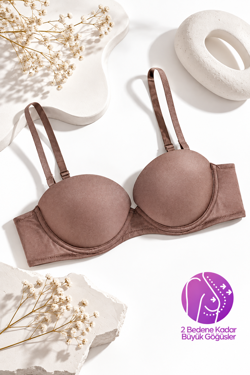 Ekstra Dolgulu Double Push Up Straplez Sütyen - Çıkarılabilir Askılı Bronz Kahve Mikro Kumaş