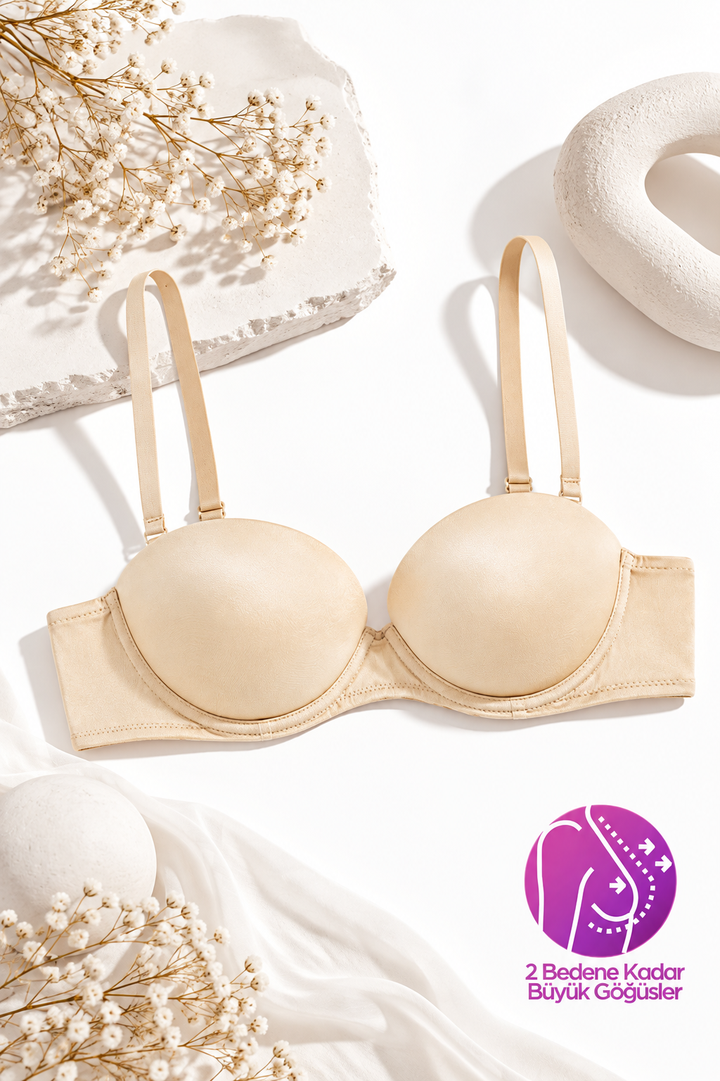 Ekstra Dolgulu Double Push Up Straplez Sütyen - Çıkarılabilir Askılı Ten Mikro Kumaş
