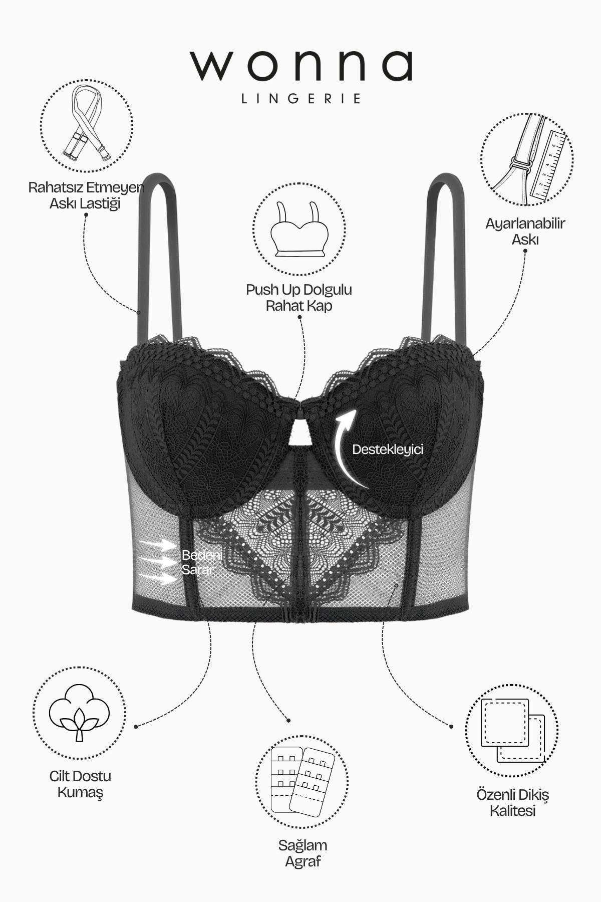 Fashion 2501 Rosali Siyah Soft Push Up Dolgulu Dantelli Büstiyer Sütyen Ve Külot Takımı