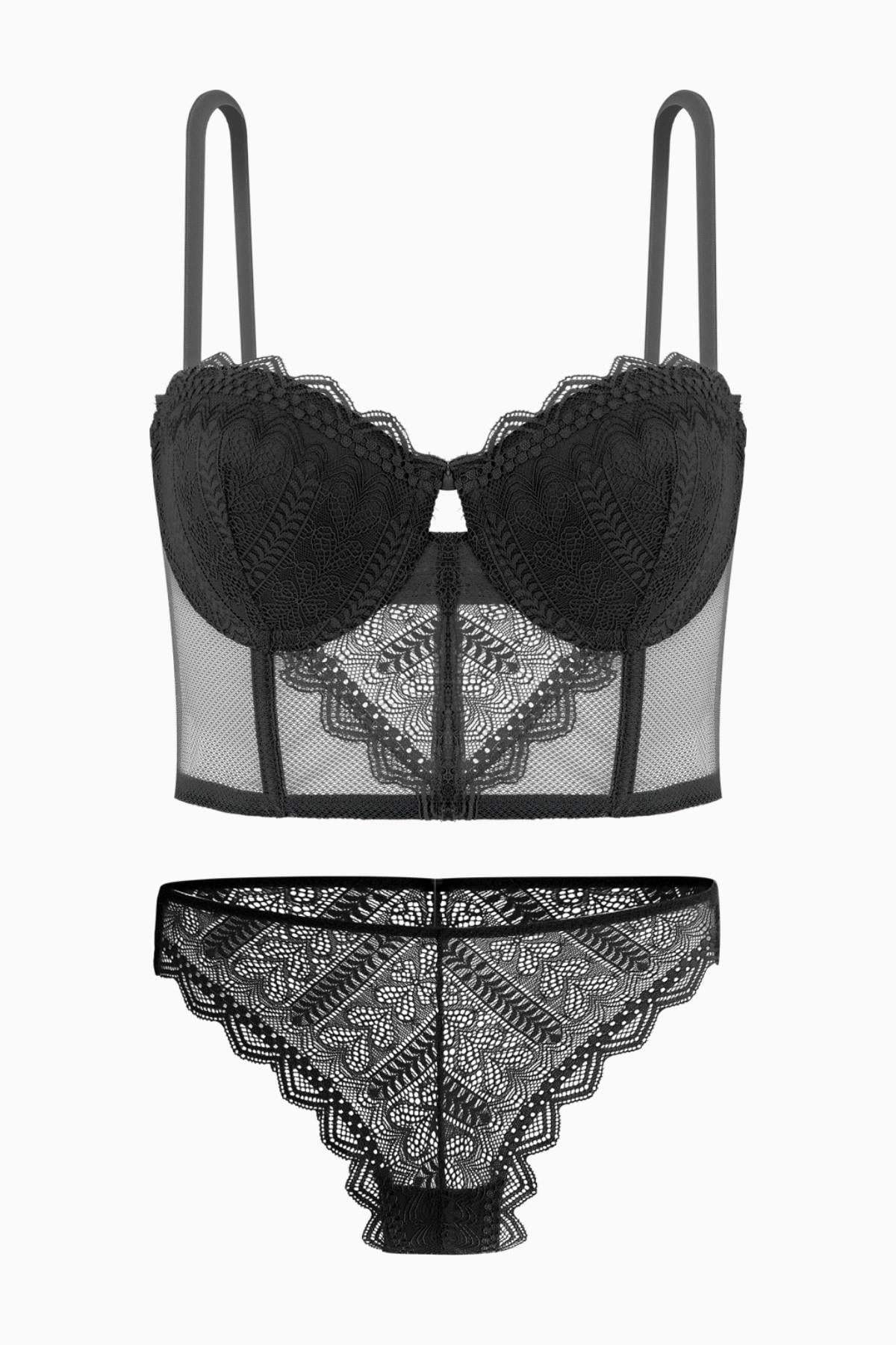 Fashion 2501 Rosali Siyah Soft Push Up Dolgulu Dantelli Büstiyer Sütyen Ve Külot Takımı