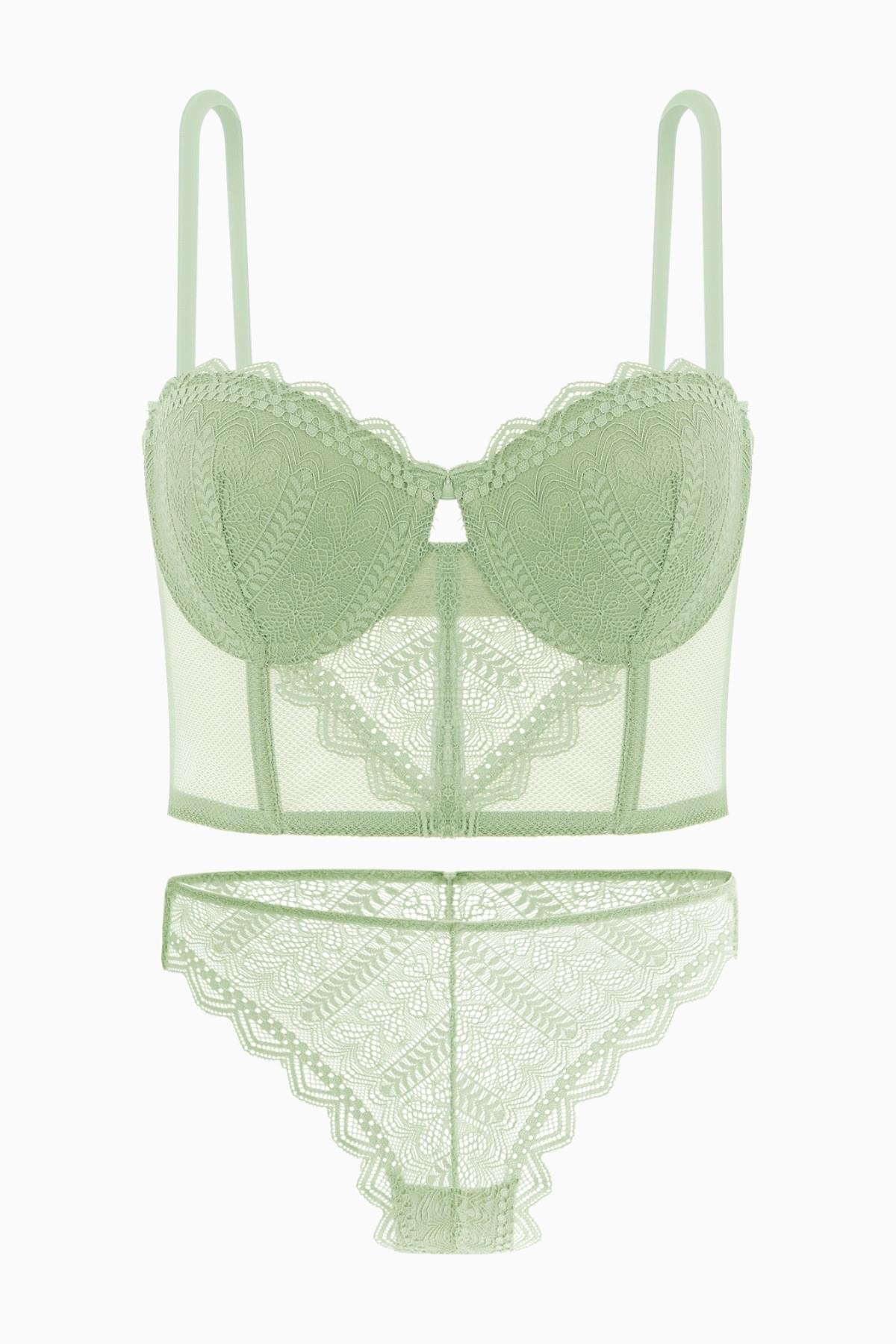 Fashion 2501 Rosali Yeşil Soft Push Up Dolgulu Dantelli Büstiyer Sütyen Ve Külot Takımı