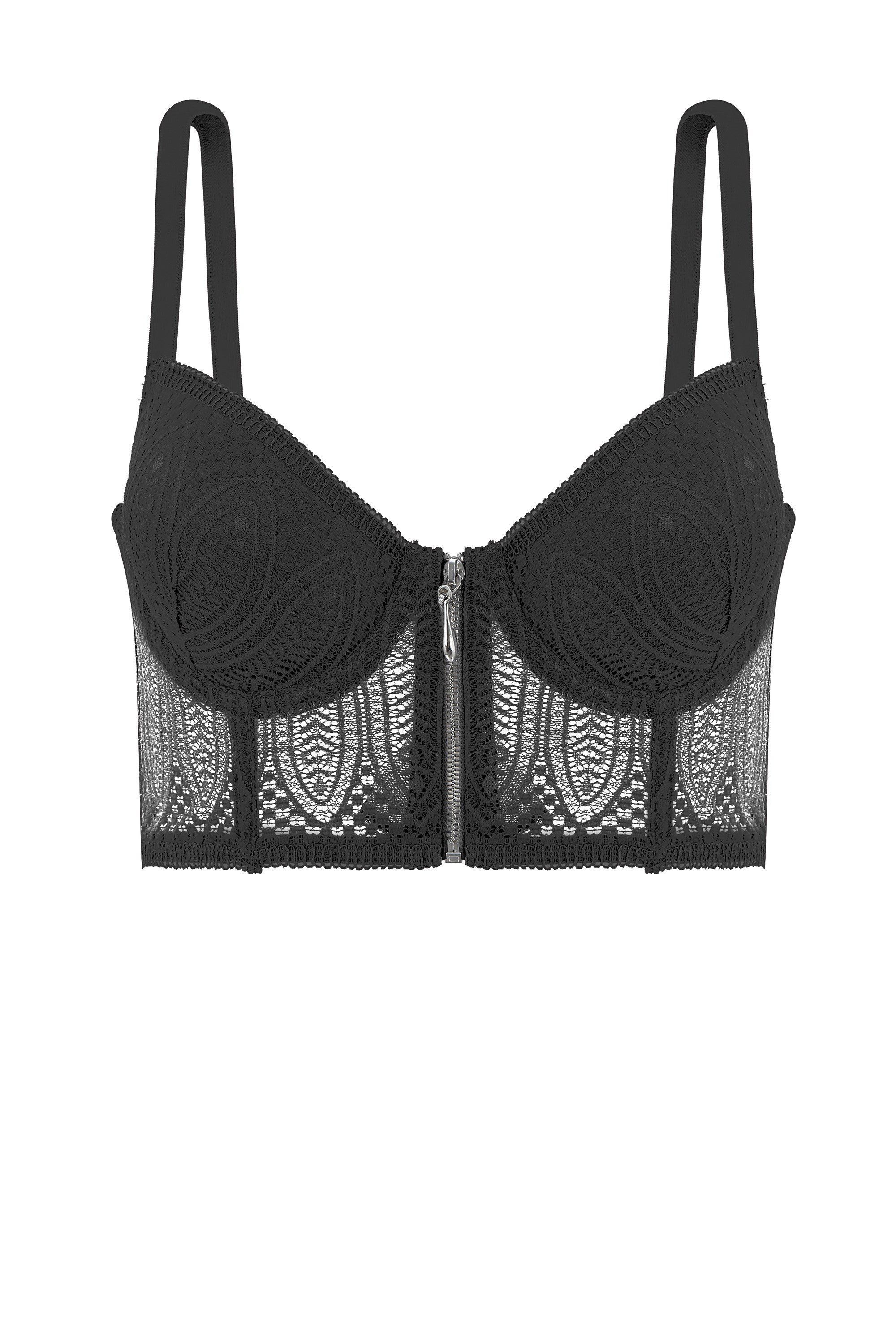 Fashion 2509 Noa Fermuar Detaylı Push Up Dolgulu Dantelli Büstiyer Sütyen Siyah