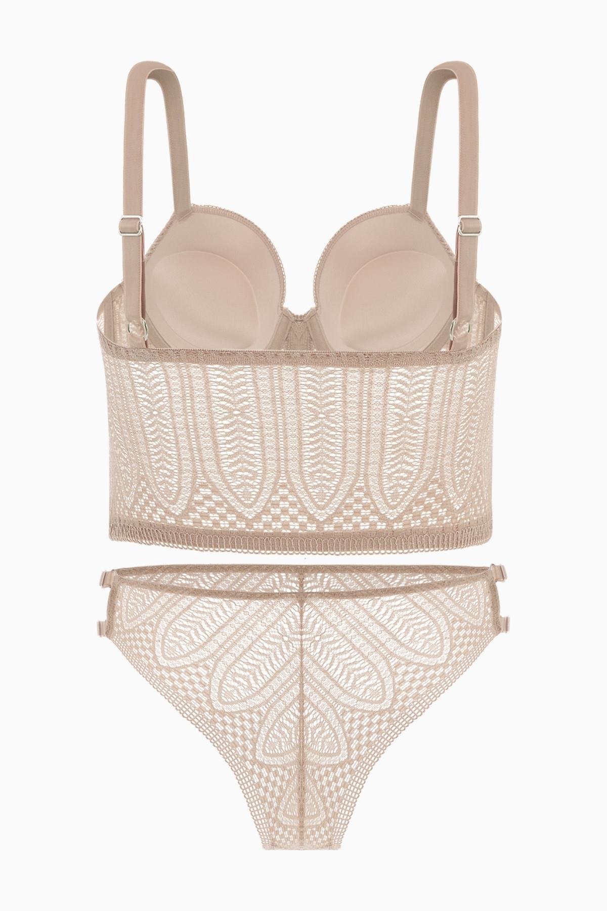 Fashion 2509 Noa Pudra Fermuar Detaylı Push Up Dolgulu Dantelli  Büstiyer Sütyen Ve Külot Takımı
