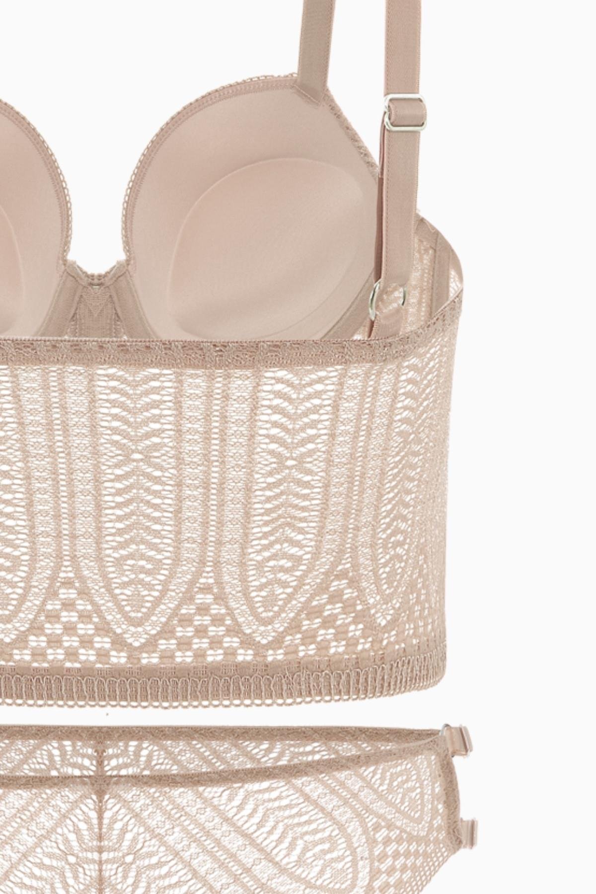 Fashion 2509 Noa Pudra Fermuar Detaylı Push Up Dolgulu Dantelli  Büstiyer Sütyen Ve Külot Takımı