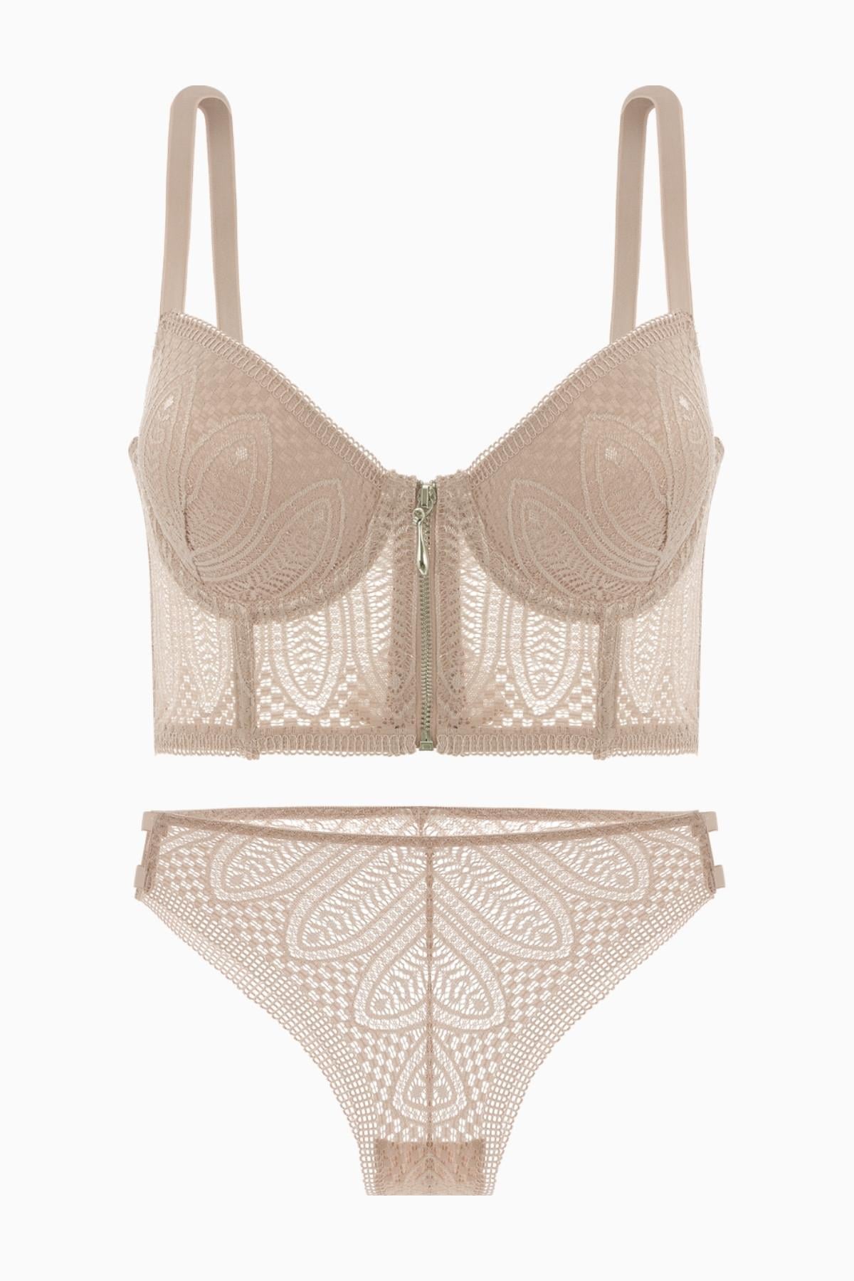Fashion 2509 Noa Pudra Fermuar Detaylı Push Up Dolgulu Dantelli  Büstiyer Sütyen Ve Külot Takımı