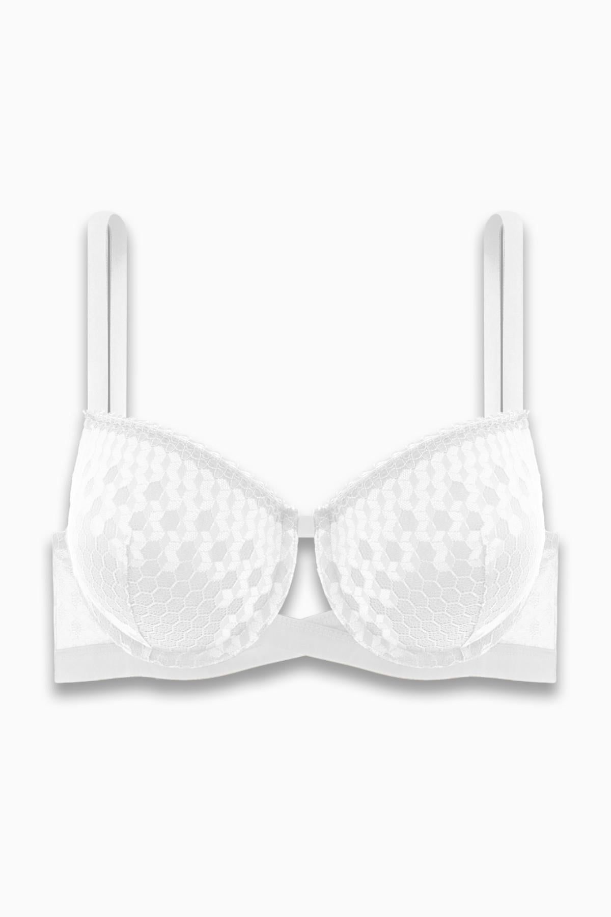 Fashion 2510 Ekru Çapraz Lastik Detaylı Dantelli Double Push Up Dekolte Sütyen
