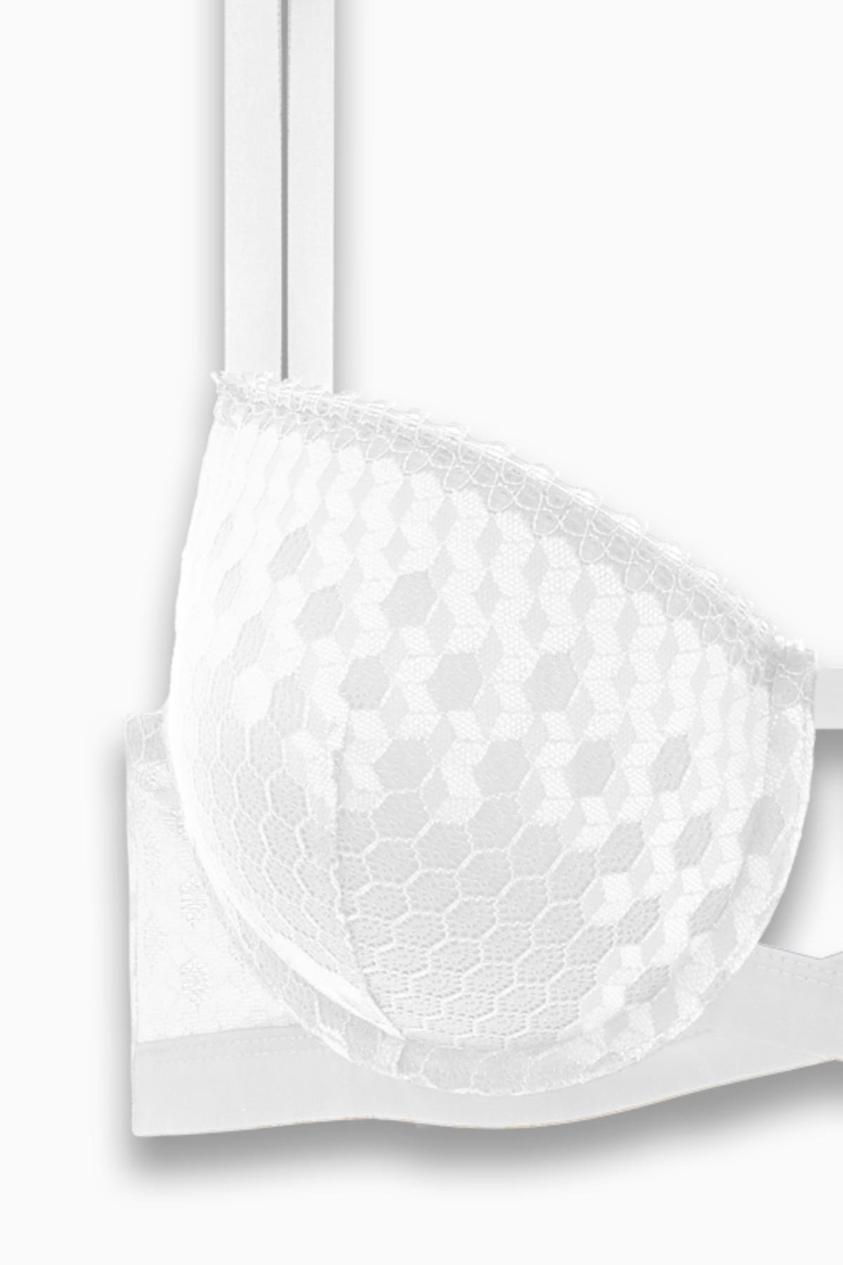 Fashion 2510 Ekru Çapraz Lastik Detaylı Dantelli Double Push Up Dekolte Sütyen
