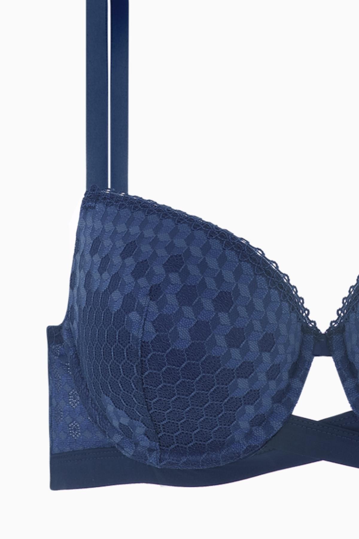 Fashion 2510 Mavi Çapraz Lastik Detaylı Dantelli Double Push Up Dekolte Sütyen