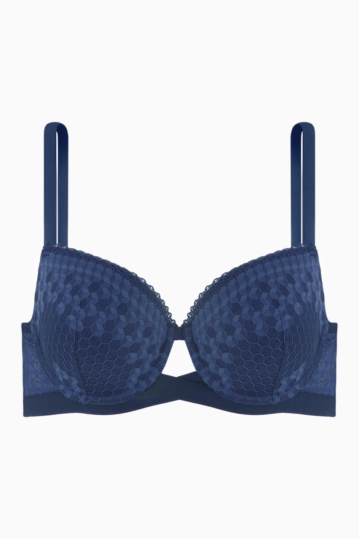 Fashion 2510 Mavi Çapraz Lastik Detaylı Dantelli Double Push Up Dekolte Sütyen