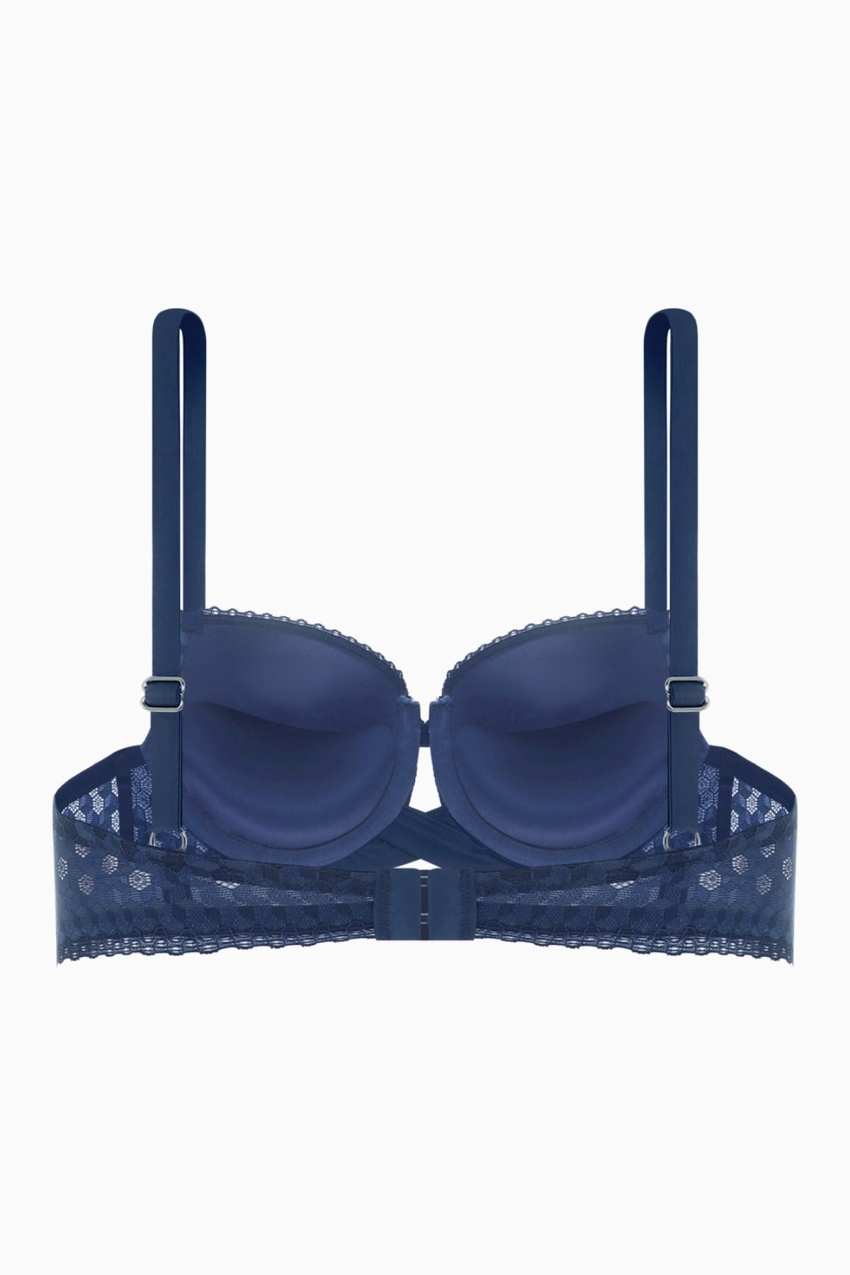 Fashion 2510 Mavi Çapraz Lastik Detaylı Dantelli Double Push Up Dekolte Sütyen