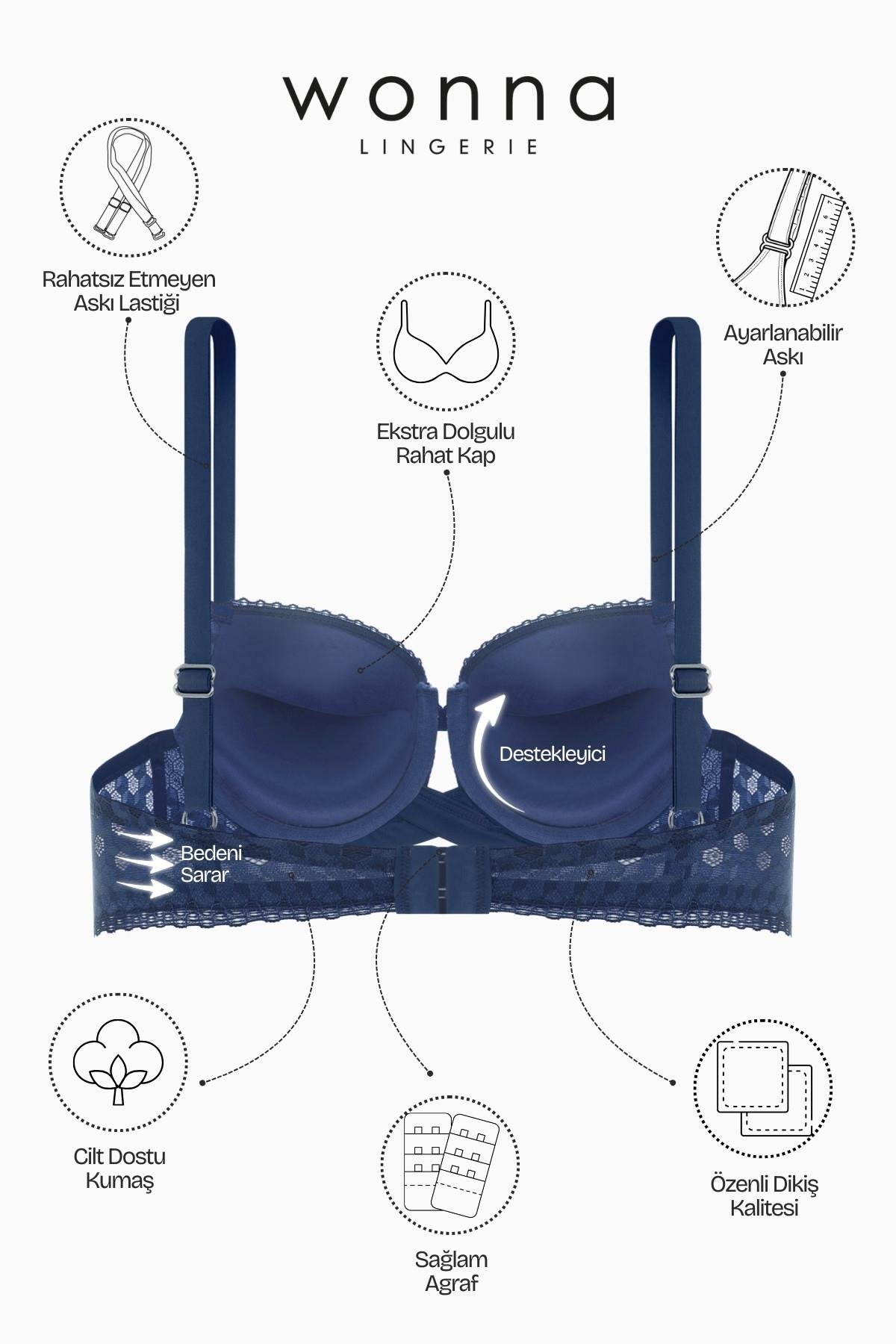 Fashion 2510 Mavi Çapraz Lastik Detaylı Dantelli Double Push Up Dekolte Sütyen