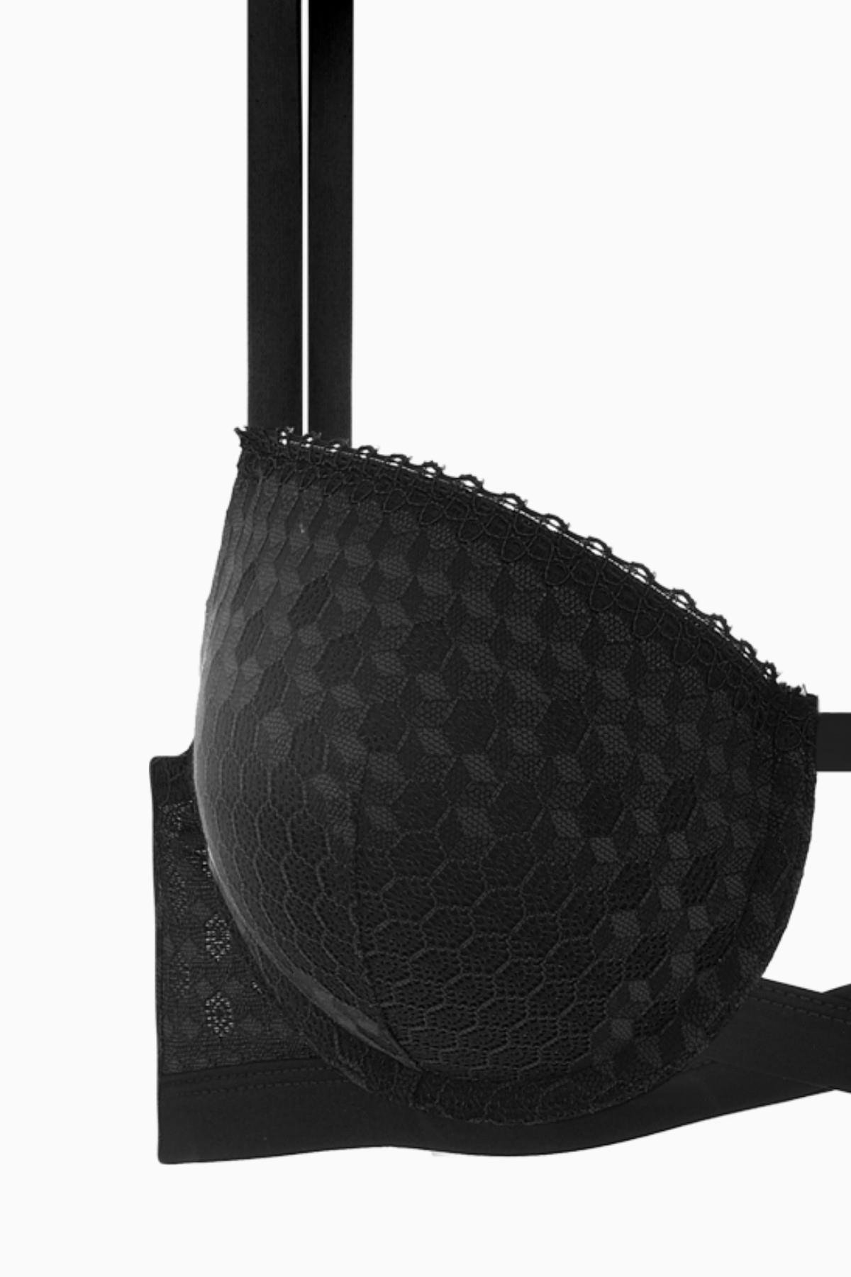 Fashion 2510 Siyah Çapraz Lastik Detaylı Dantelli Double Push Up Dekolte Sütyen