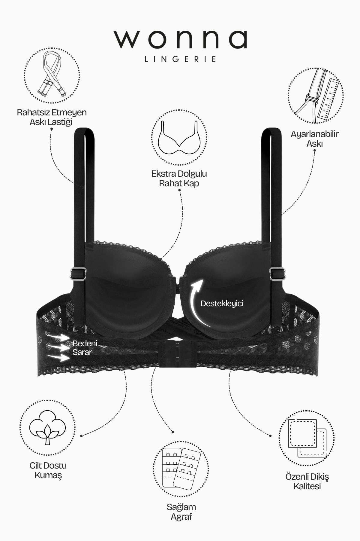 Fashion 2510 Siyah Çapraz Lastik Detaylı Dantelli Double Push Up Dekolte Sütyen