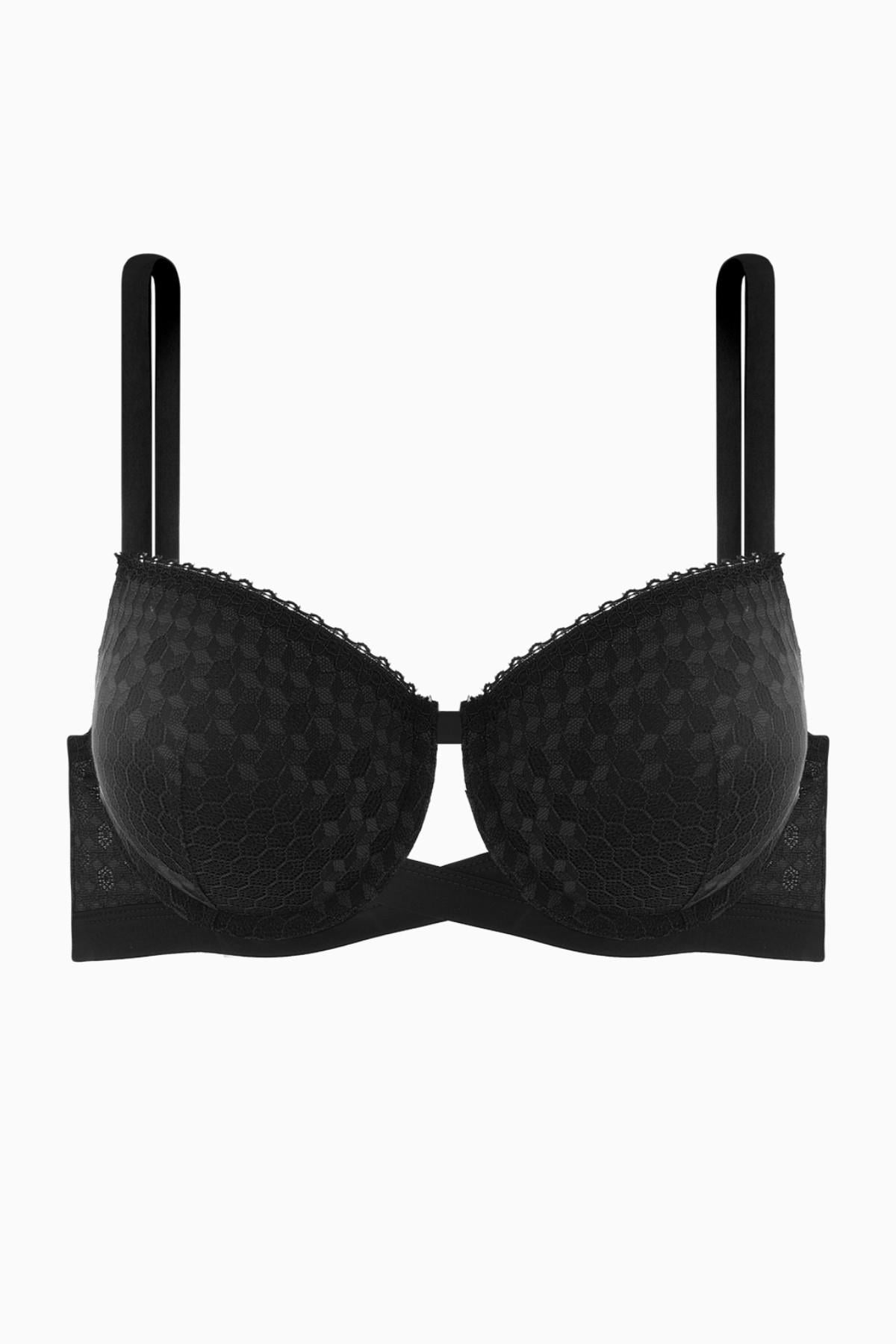 Fashion 2510 Siyah Çapraz Lastik Detaylı Dantelli Double Push Up Dekolte Sütyen
