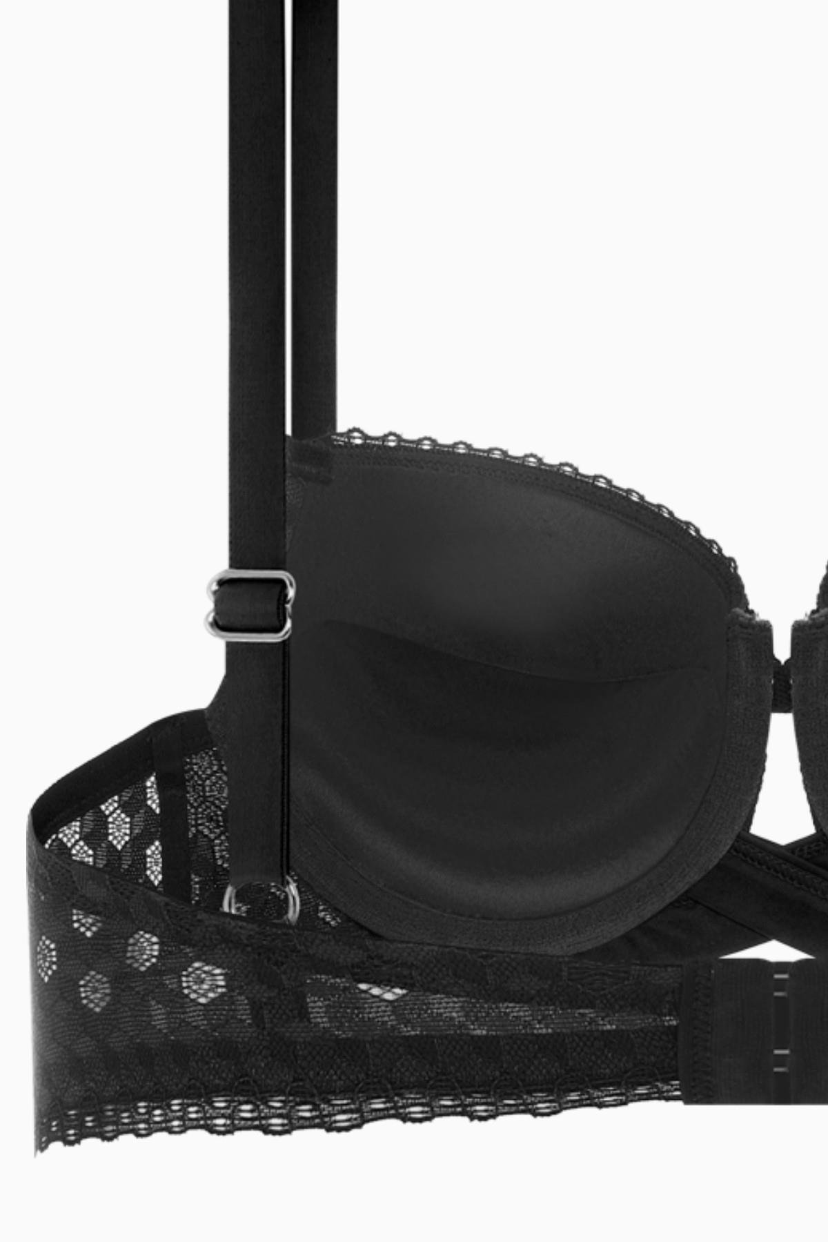 Fashion 2510 Siyah Çapraz Lastik Detaylı Dantelli Double Push Up Dekolte Sütyen