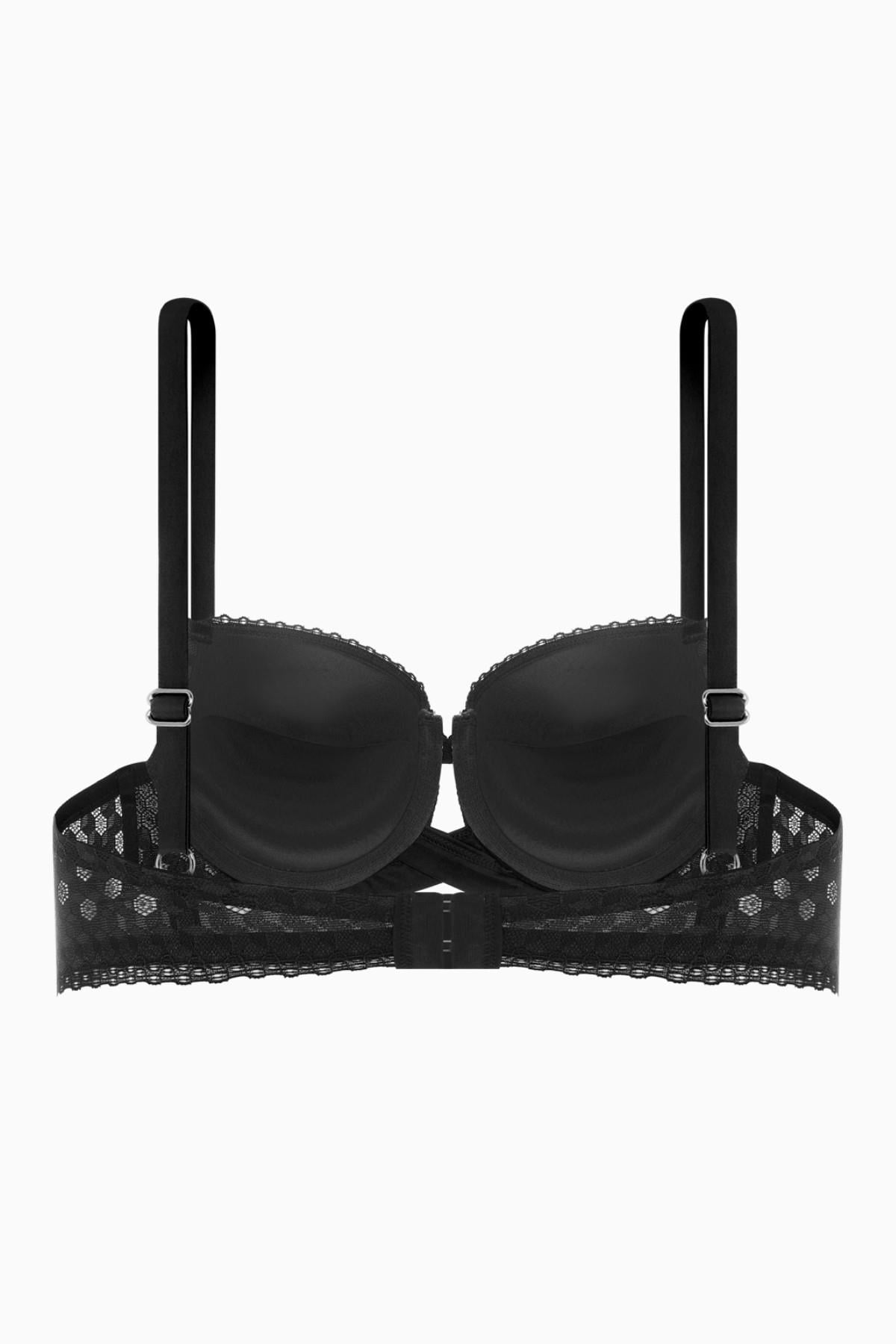 Fashion 2510 Siyah Çapraz Lastik Detaylı Dantelli Double Push Up Dekolte Sütyen