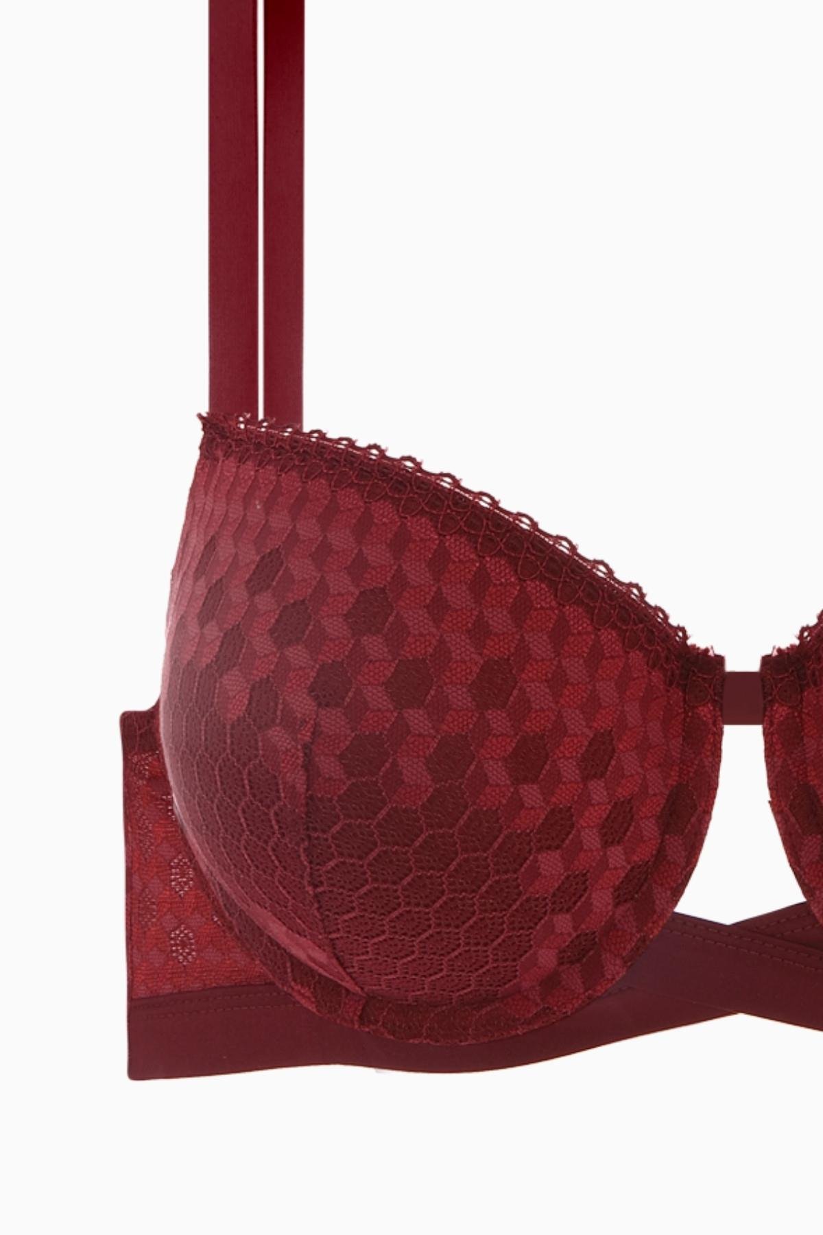 Fashion 2511 Bordo Çapraz Lastik Detaylı Dantelli Dolgusuz Dekolte Sütyen