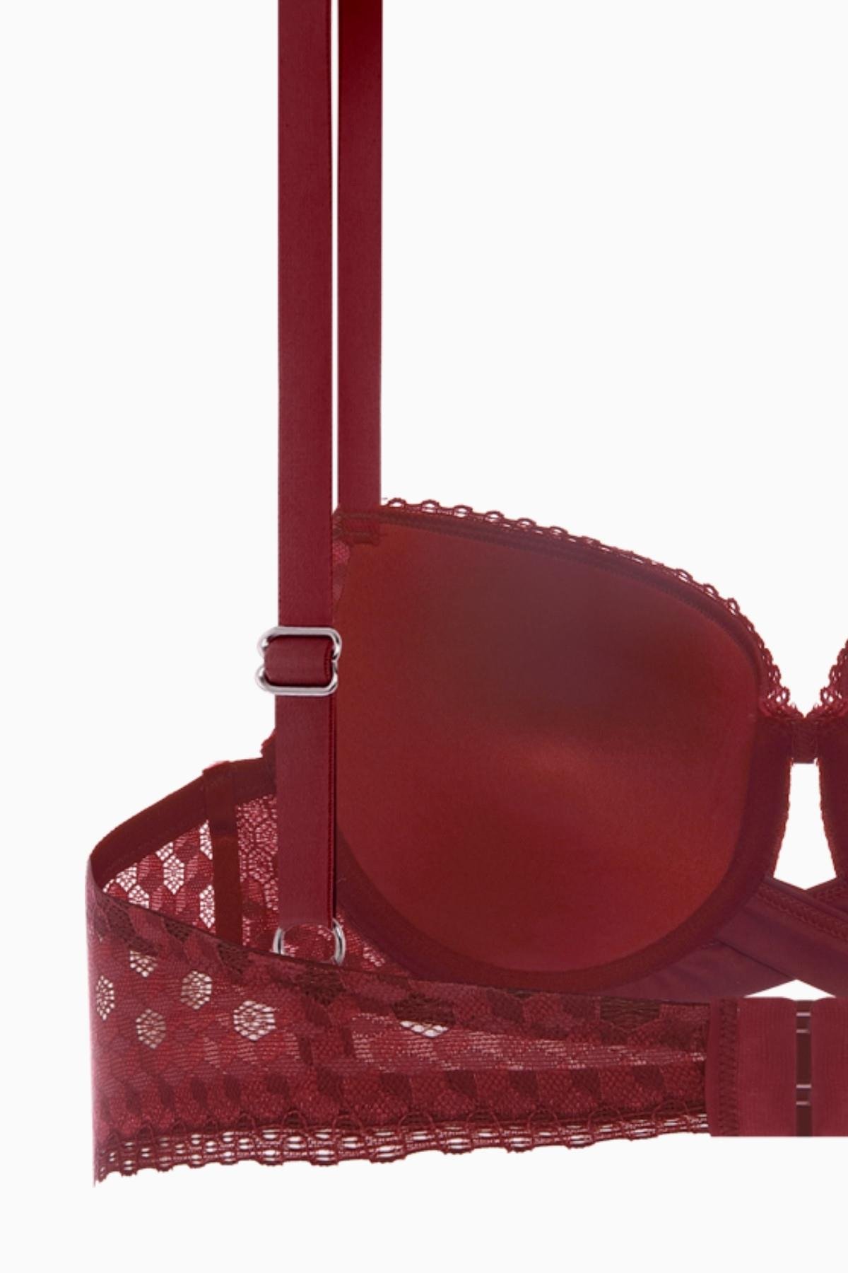 Fashion 2511 Bordo Çapraz Lastik Detaylı Dantelli Dolgusuz Dekolte Sütyen