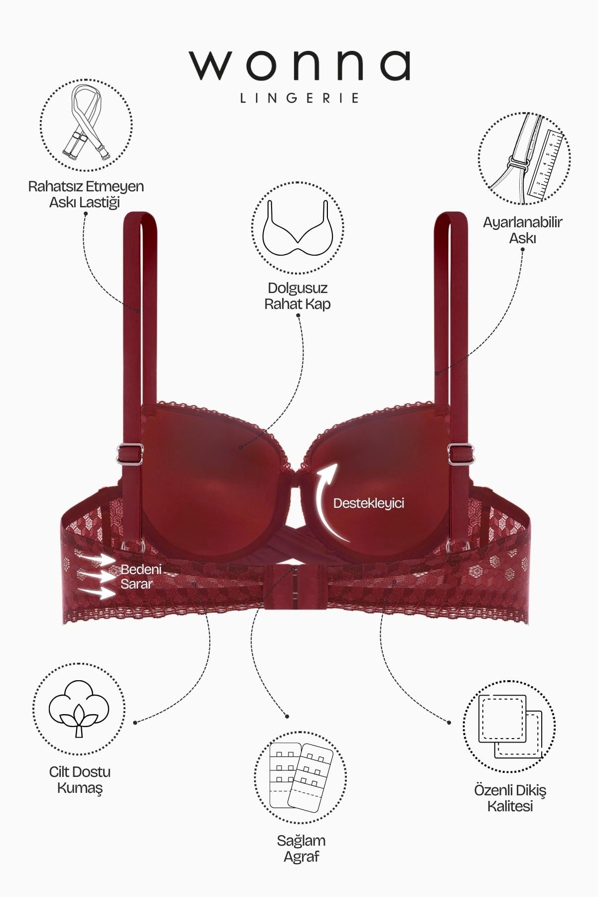 Fashion 2511 Bordo Çapraz Lastik Detaylı Dantelli Dolgusuz Dekolte Sütyen