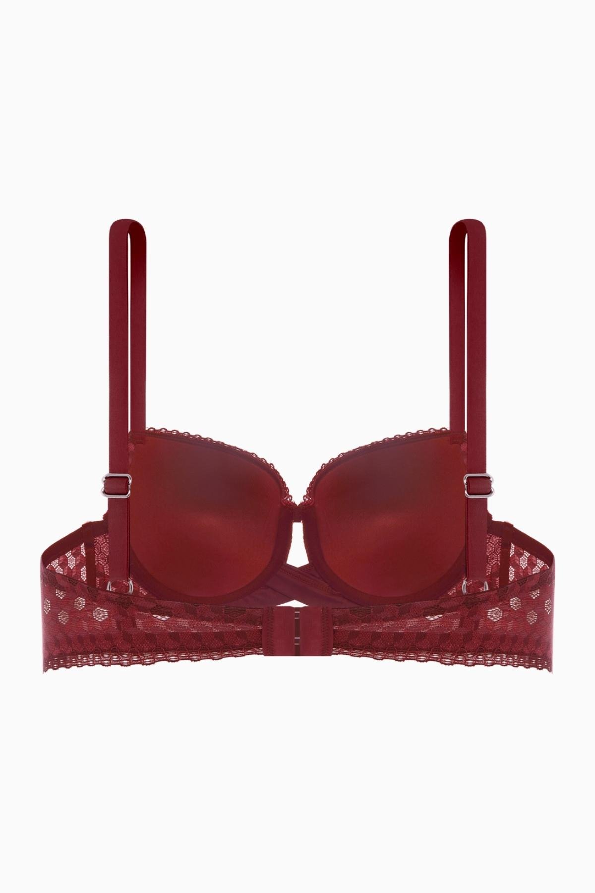 Fashion 2511 Bordo Çapraz Lastik Detaylı Dantelli Dolgusuz Dekolte Sütyen
