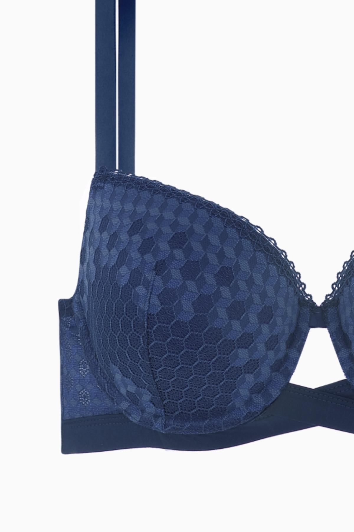 Fashion 2511 Mavi Çapraz Lastik Detaylı Dantelli Dolgusuz Dekolte Sütyen