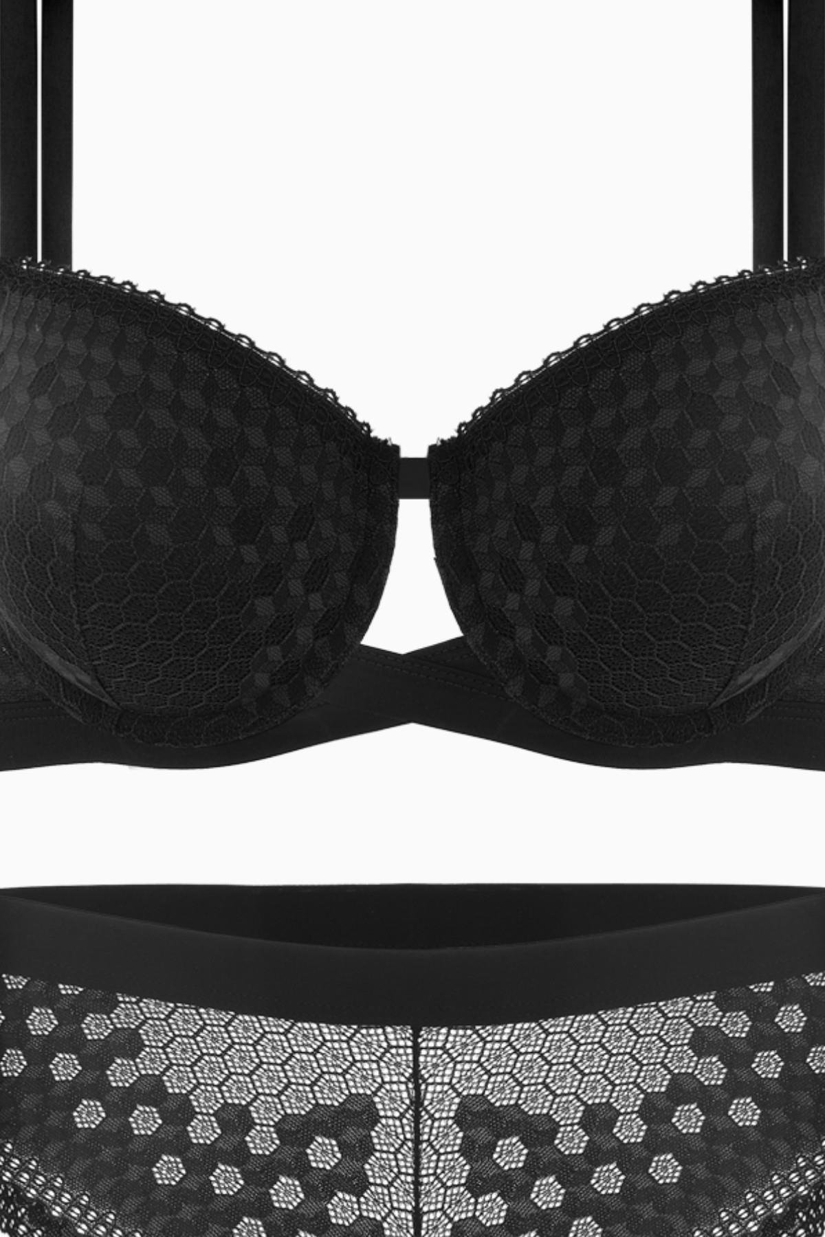 Fashion 2511 Siyah Çapraz Lastik Detaylı Dantelli Dolgusuz Dekolte Sütyen Takımı