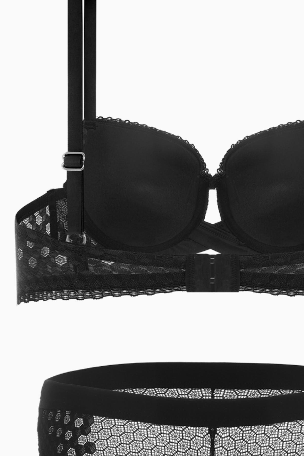 Fashion 2511 Siyah Çapraz Lastik Detaylı Dantelli Dolgusuz Dekolte Sütyen Takımı