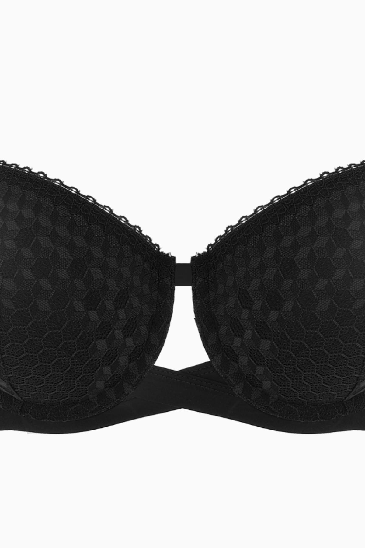 Fashion 2511 Siyah Çapraz Lastik Detaylı Dantelli Dolgusuz Dekolte Sütyen