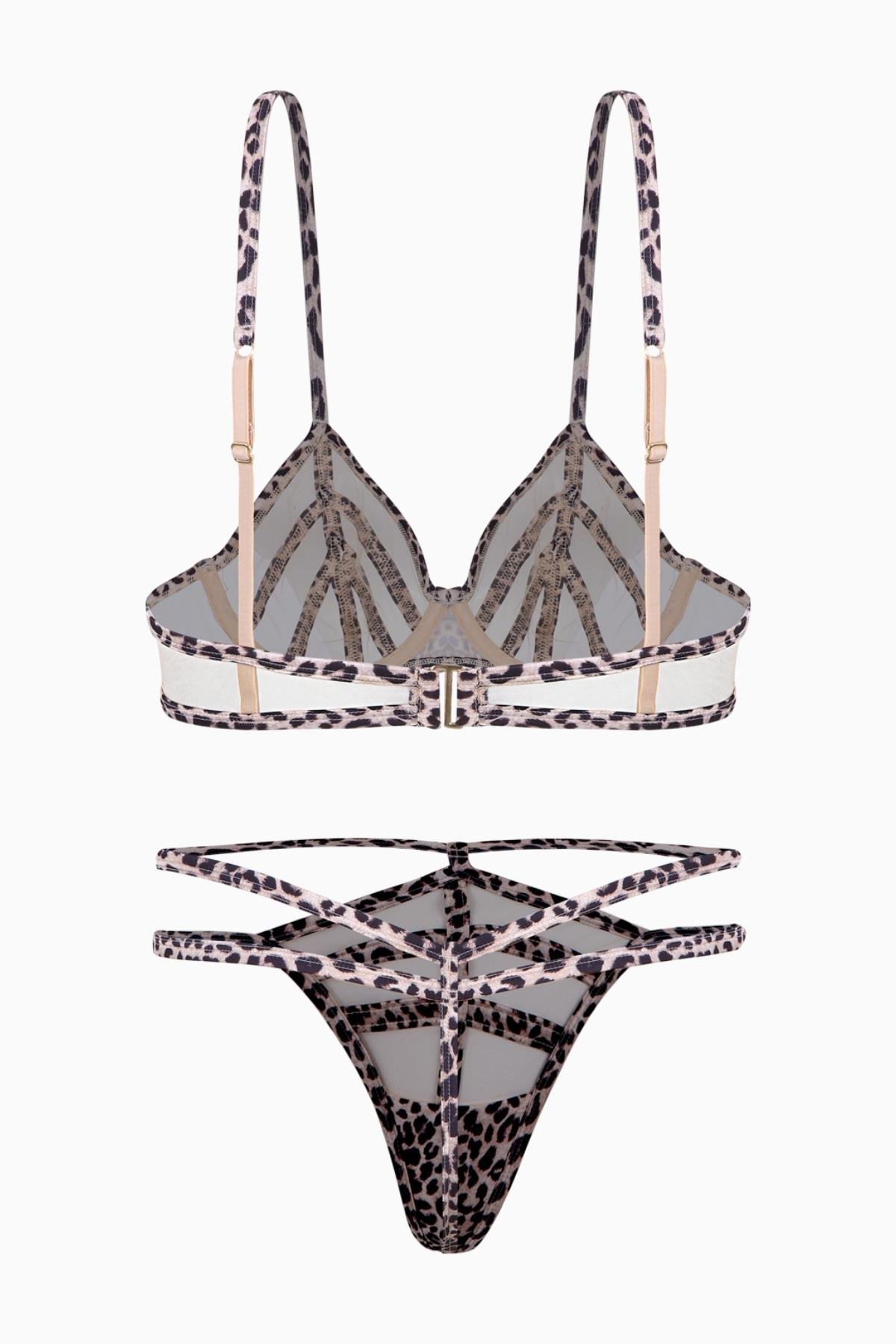 Fashion 2566 Leopar Saten Biyeli Yumuşak Tül Kapsız Sütyen Ve Tanga Takımı