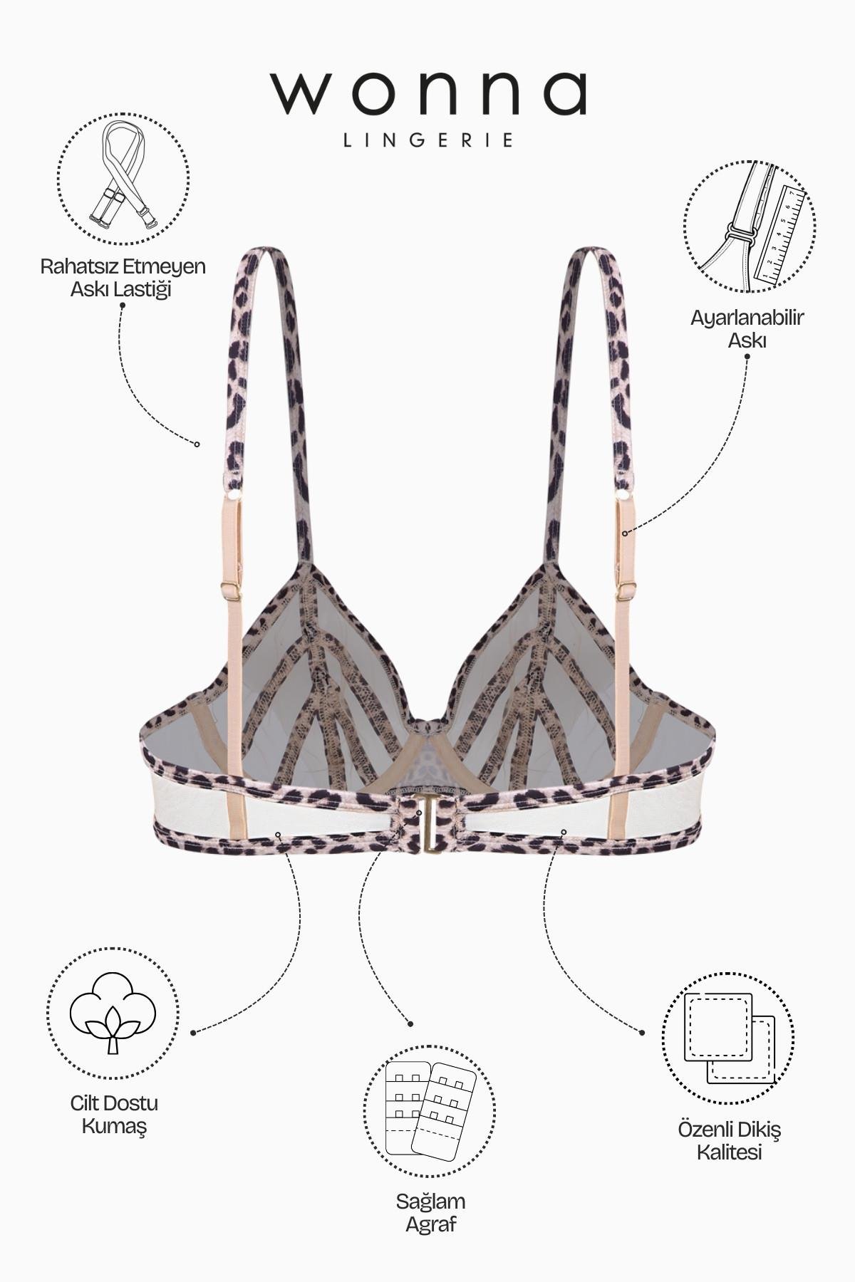 Fashion 2566 Leopar Saten Biyeli Yumuşak Tül Kapsız Sütyen Ve Tanga Takımı