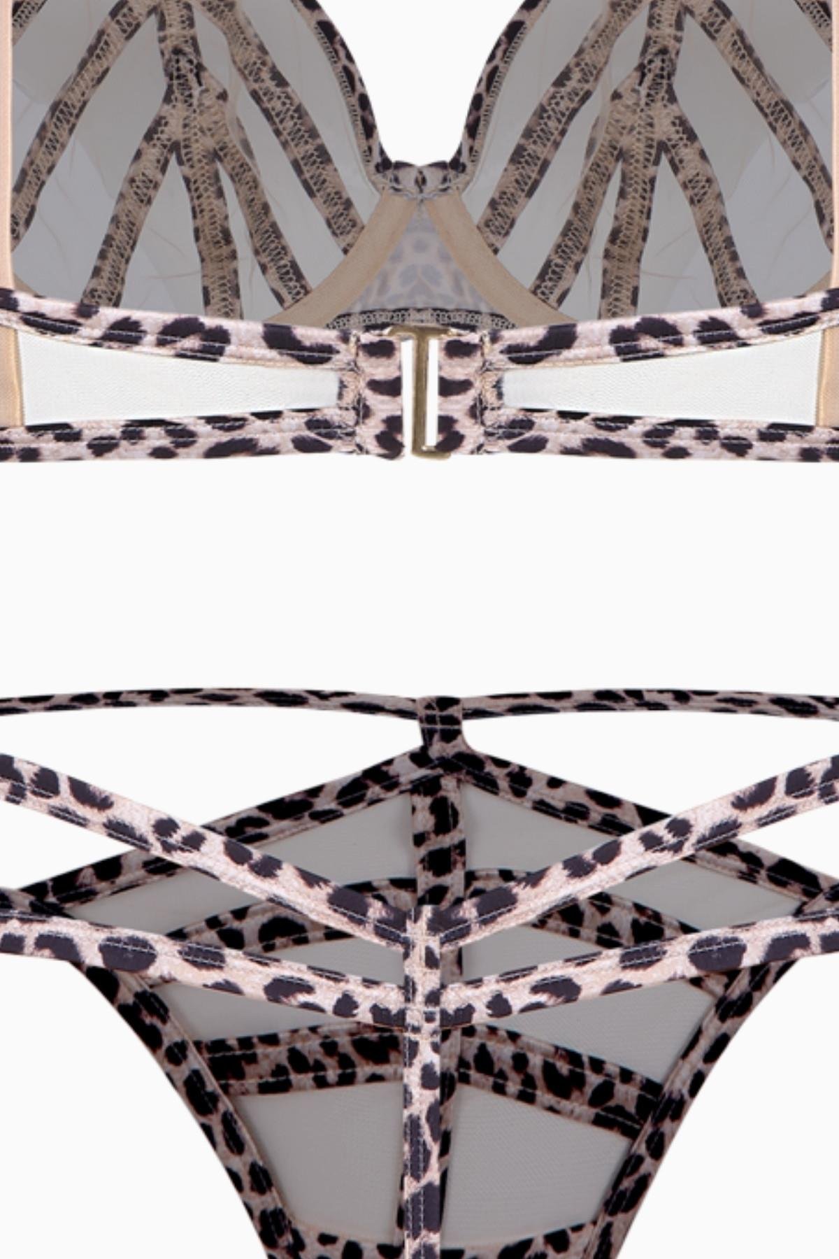 Fashion 2566 Leopar Saten Biyeli Yumuşak Tül Kapsız Sütyen Ve Tanga Takımı