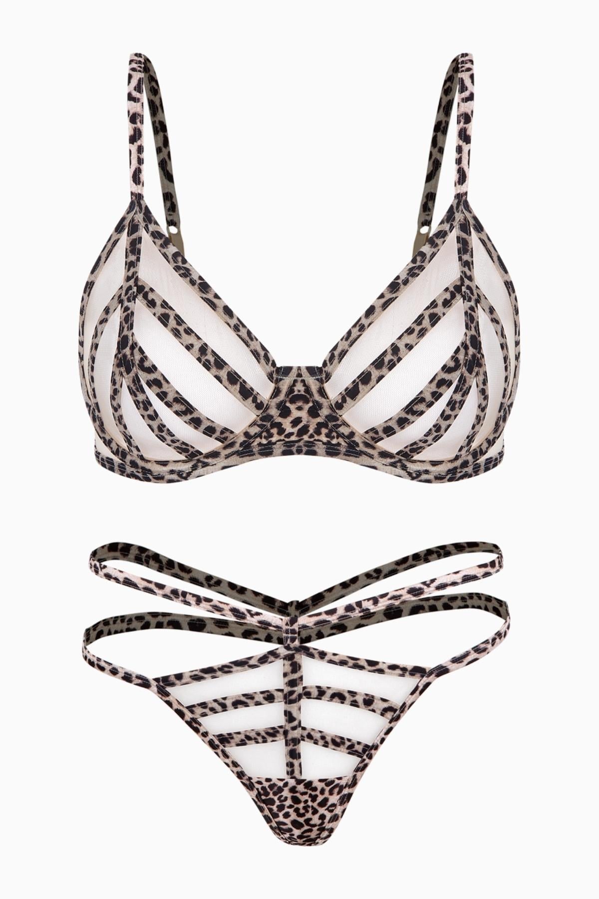 Fashion 2566 Leopar Saten Biyeli Yumuşak Tül Kapsız Sütyen Ve Tanga Takımı