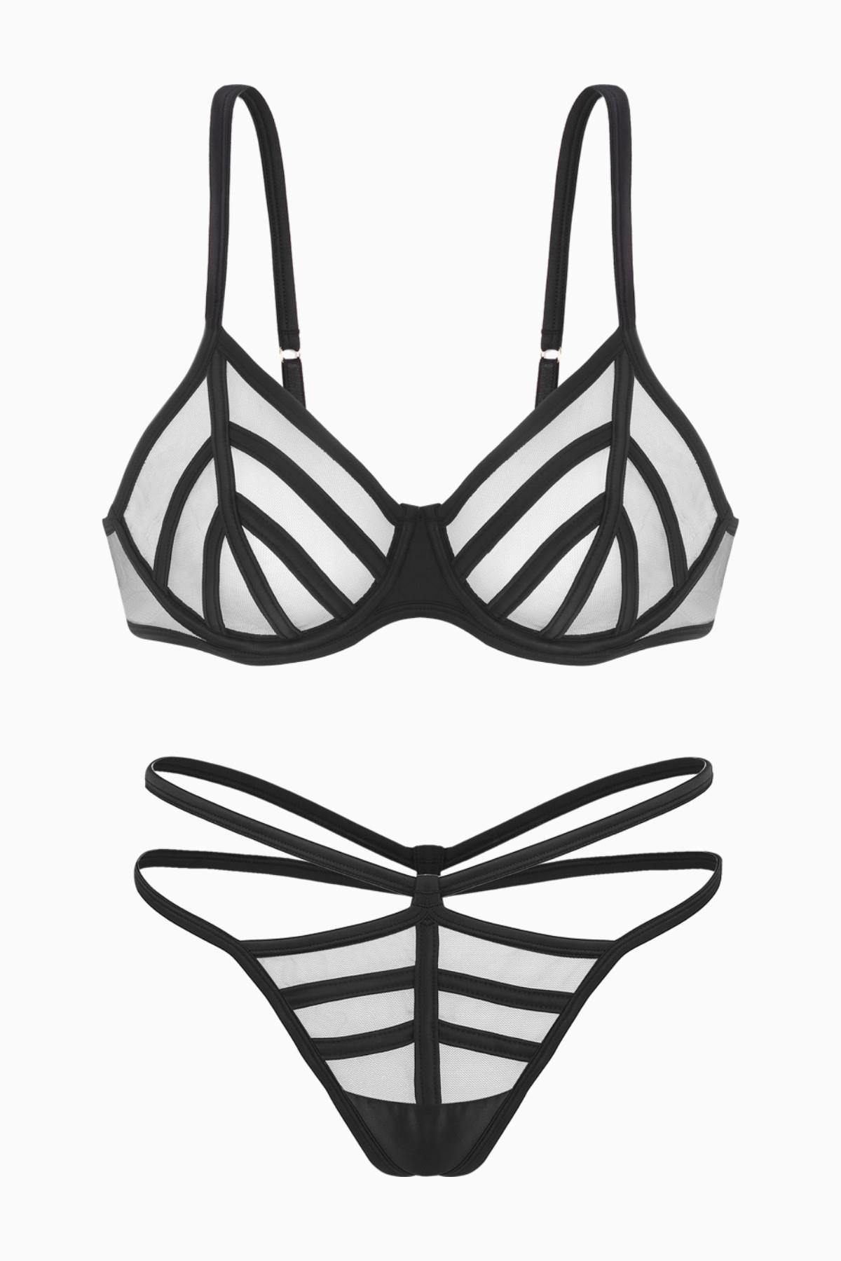 Fashion 2566 Siyah Saten Biyeli Yumuşak Tül Kapsız Sütyen Ve Tanga Takımı
