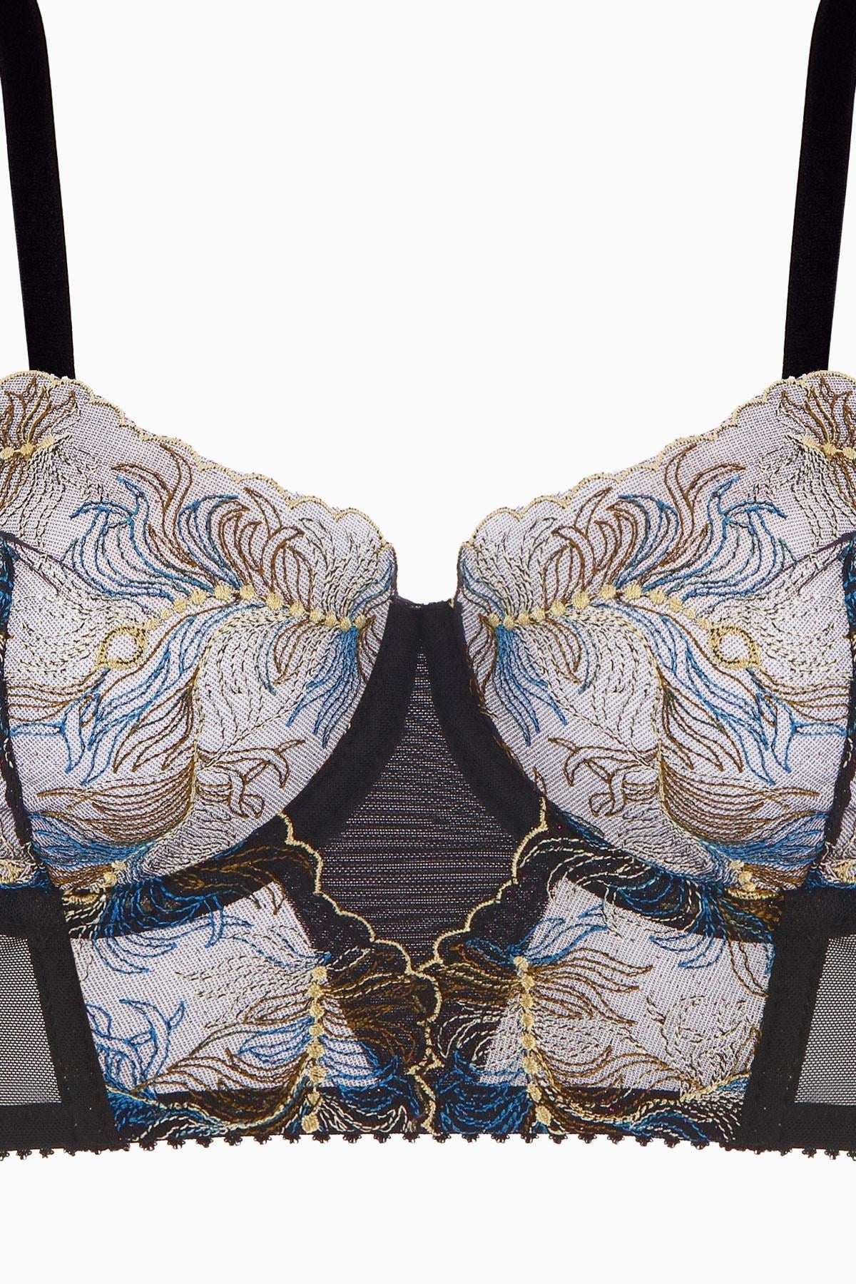 Fashion 2586 Siyah Simli Tül Kumaş Kapsız Brodeli Büstiyer Sütyen