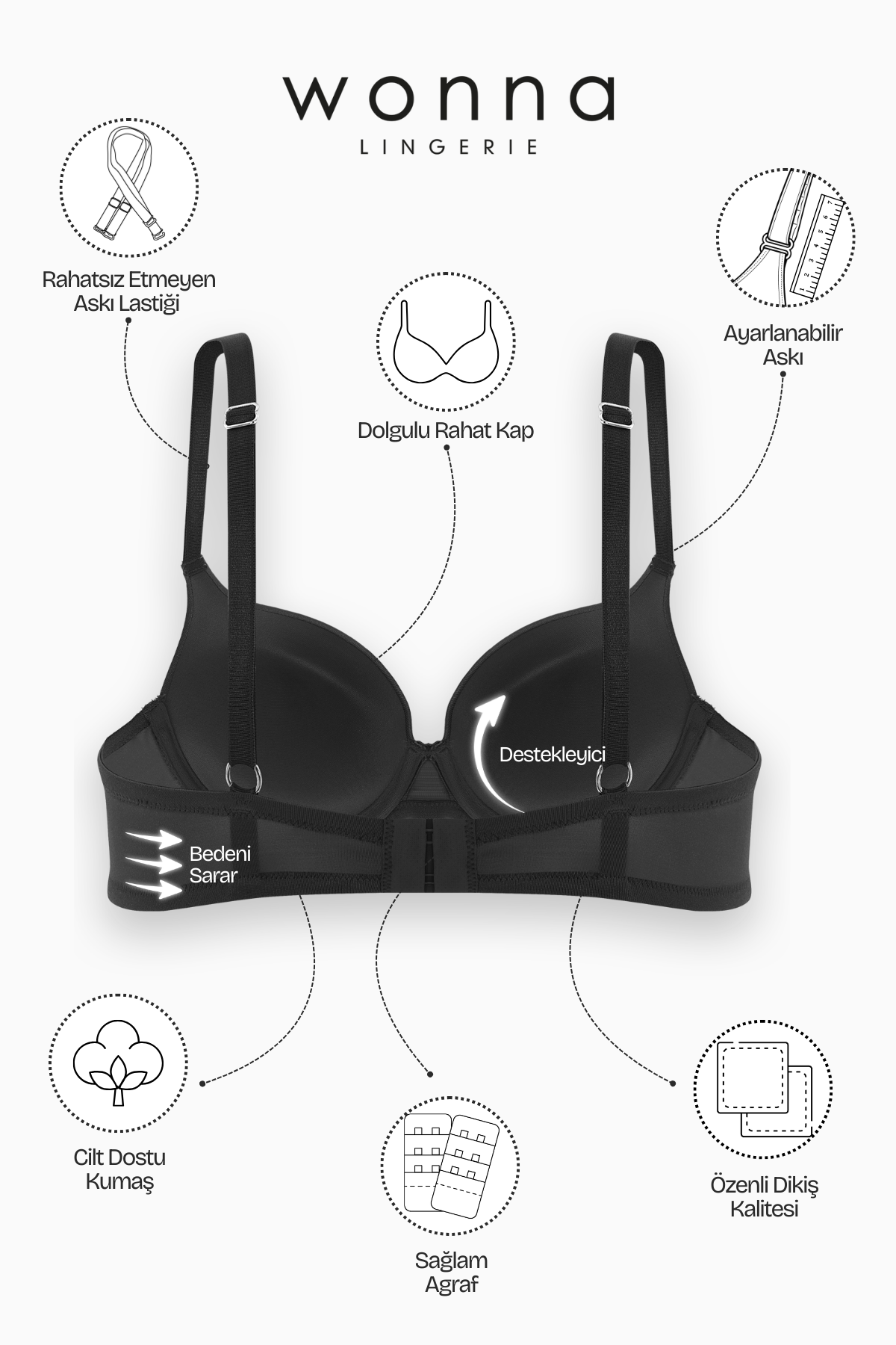 Mia 2529 Siyah Push Up / Dolgulu Mikro Basic Sütyen