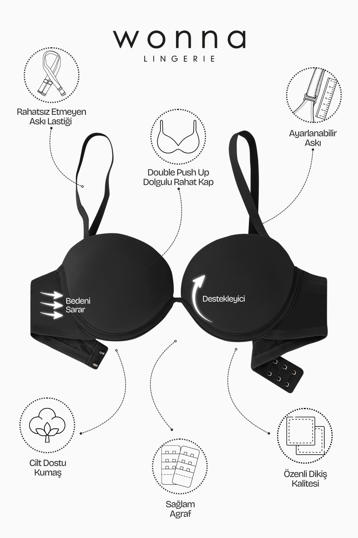 Olympos Premium Basic 2499 Siyah Double Push Up/Ekstra Dolgulu Midesiz Mikro Sütyen(Tak-Çıkar Askı)