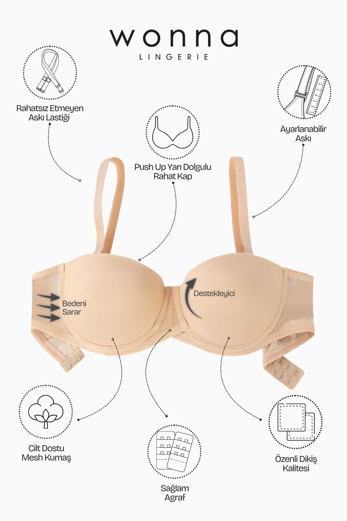 Rosali Premium Basic 2226 Ten Soft Push Up / Yarı Dolgulu Mesh Kumaş Straplez Sütyen