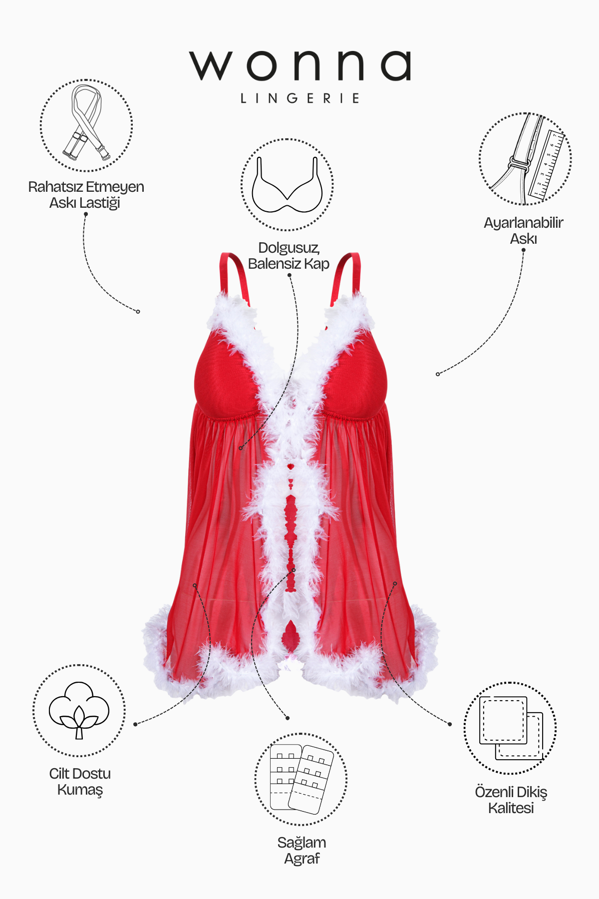 Yılbaşı Fantezi Babydoll ve Tanga Takım - Dolgusuz - 5004 - Kırmızı