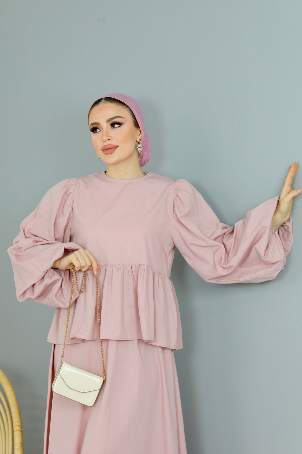 Balon Kol Poplin Etek Takım CAMEL