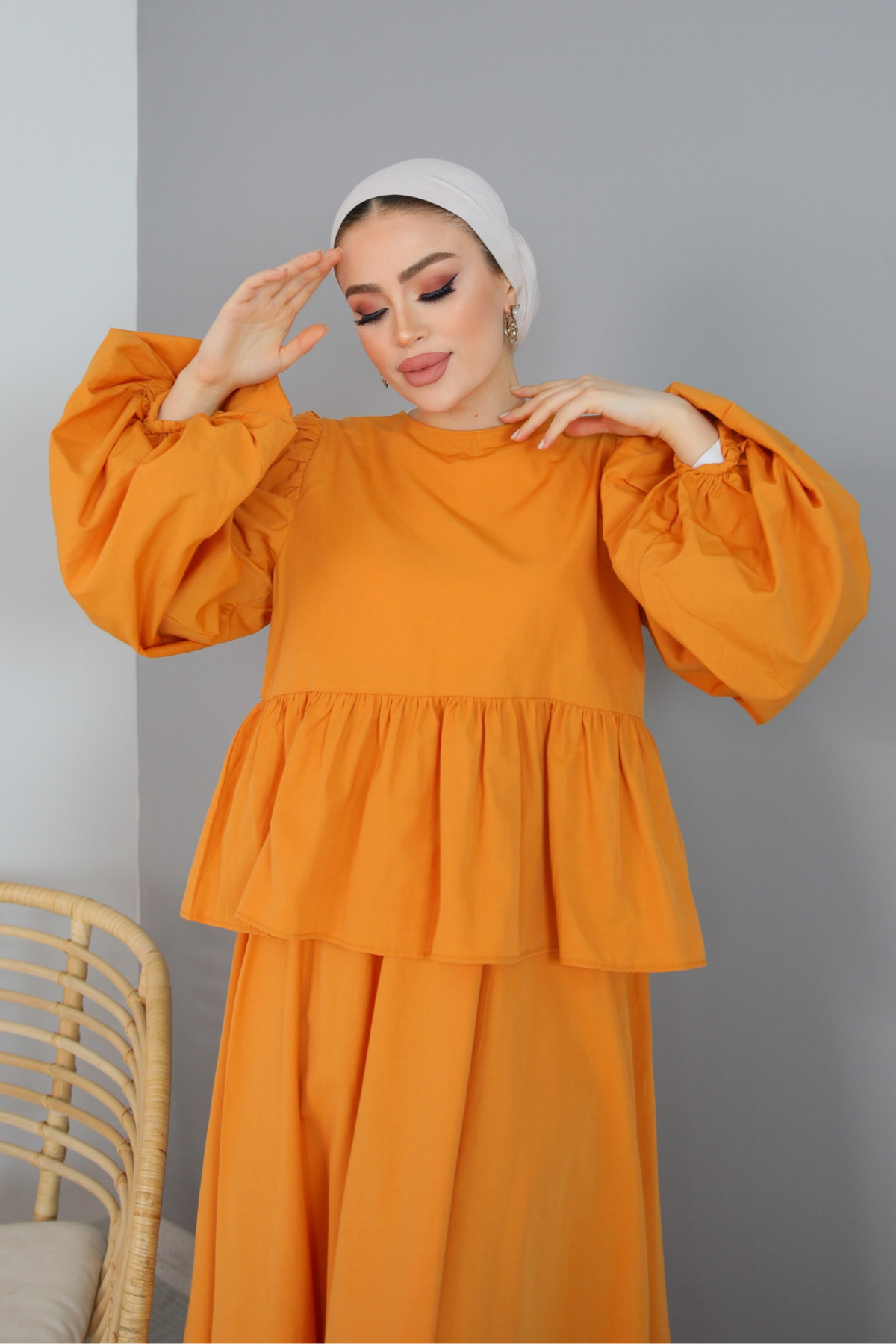 Balon Kol Poplin Etek Takım ORANJ