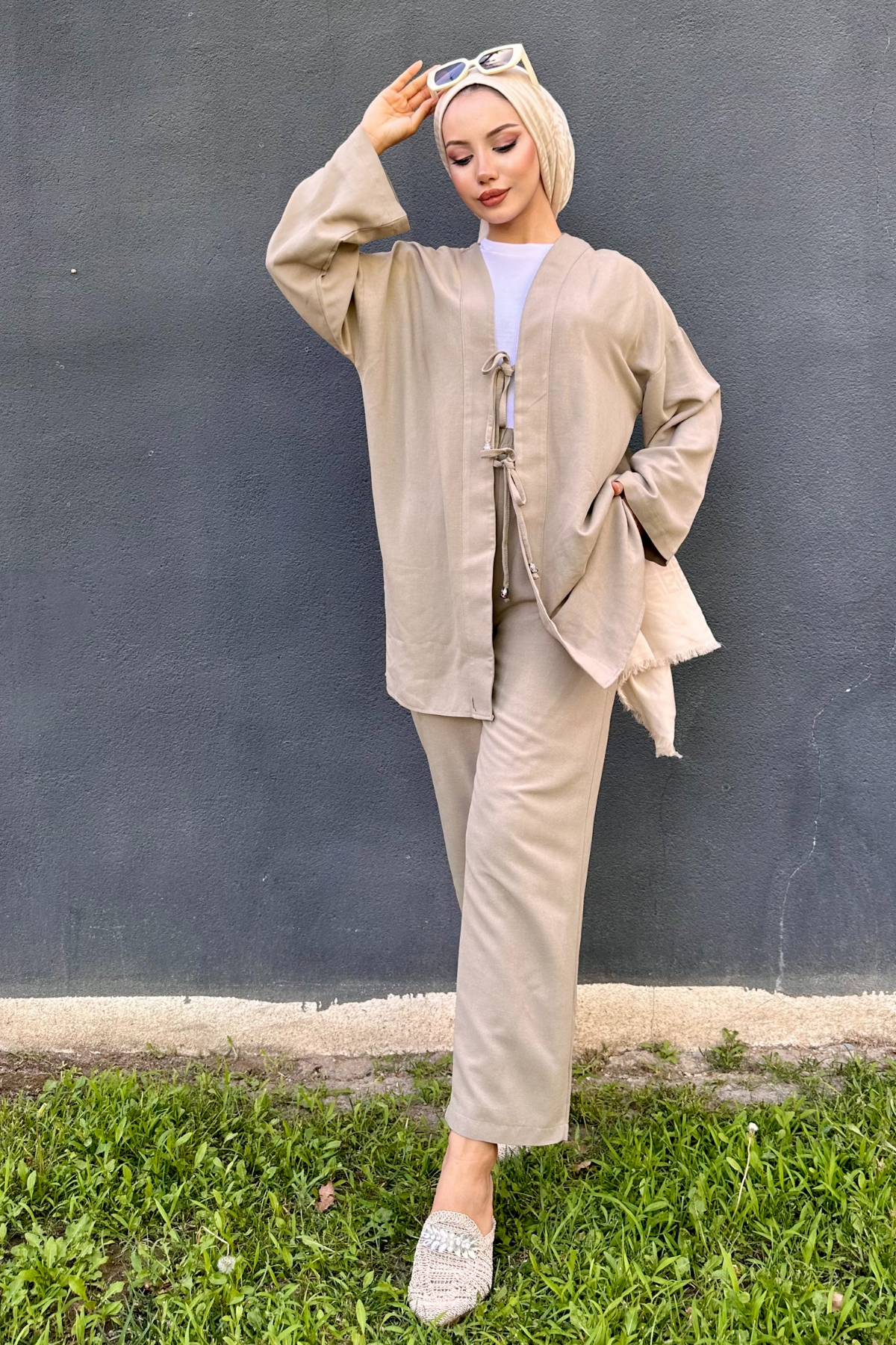 Ham Keten Kimono Takım KOYU BEJ