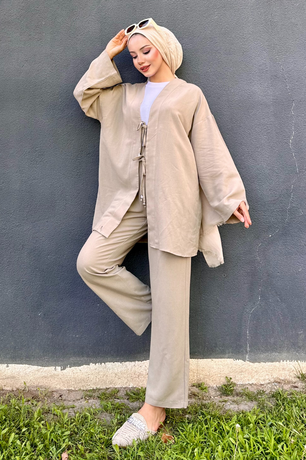 Ham Keten Kimono Takım KOYU BEJ