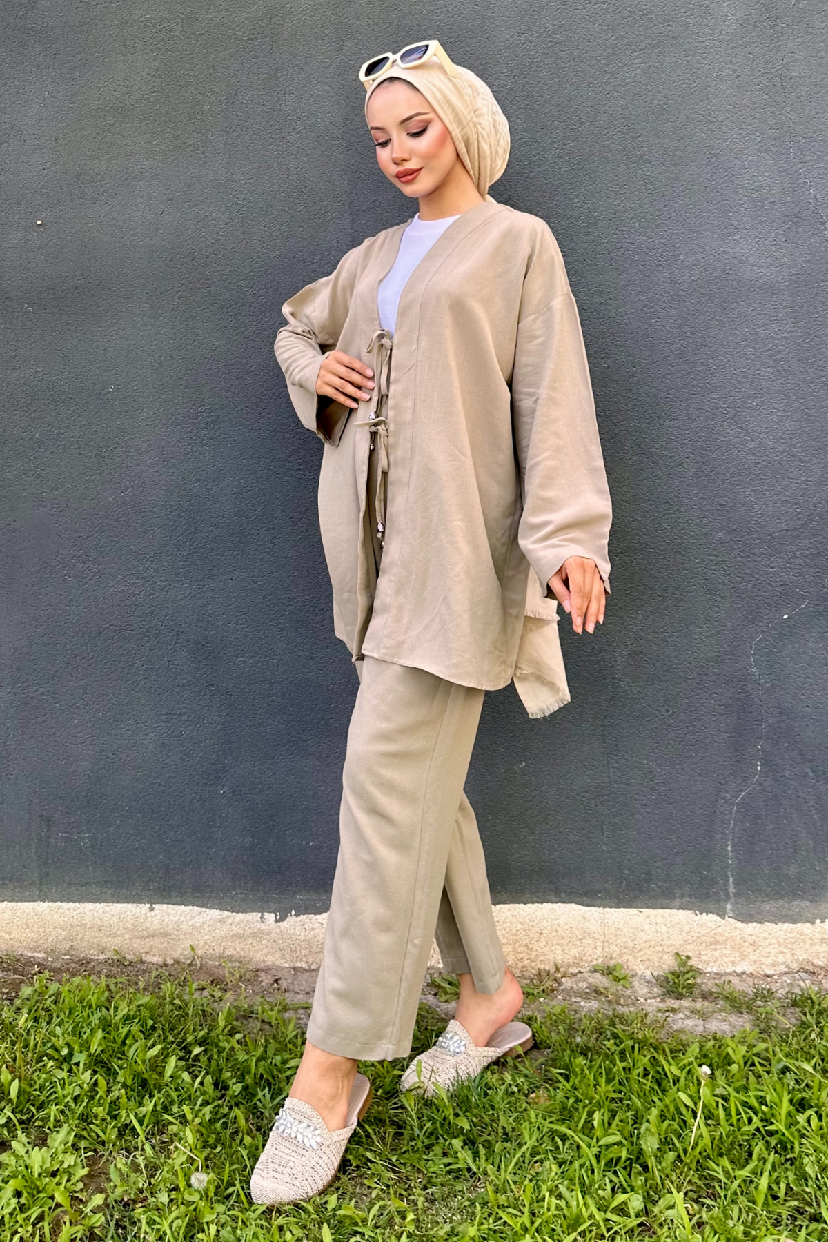 Ham Keten Kimono Takım KOYU BEJ