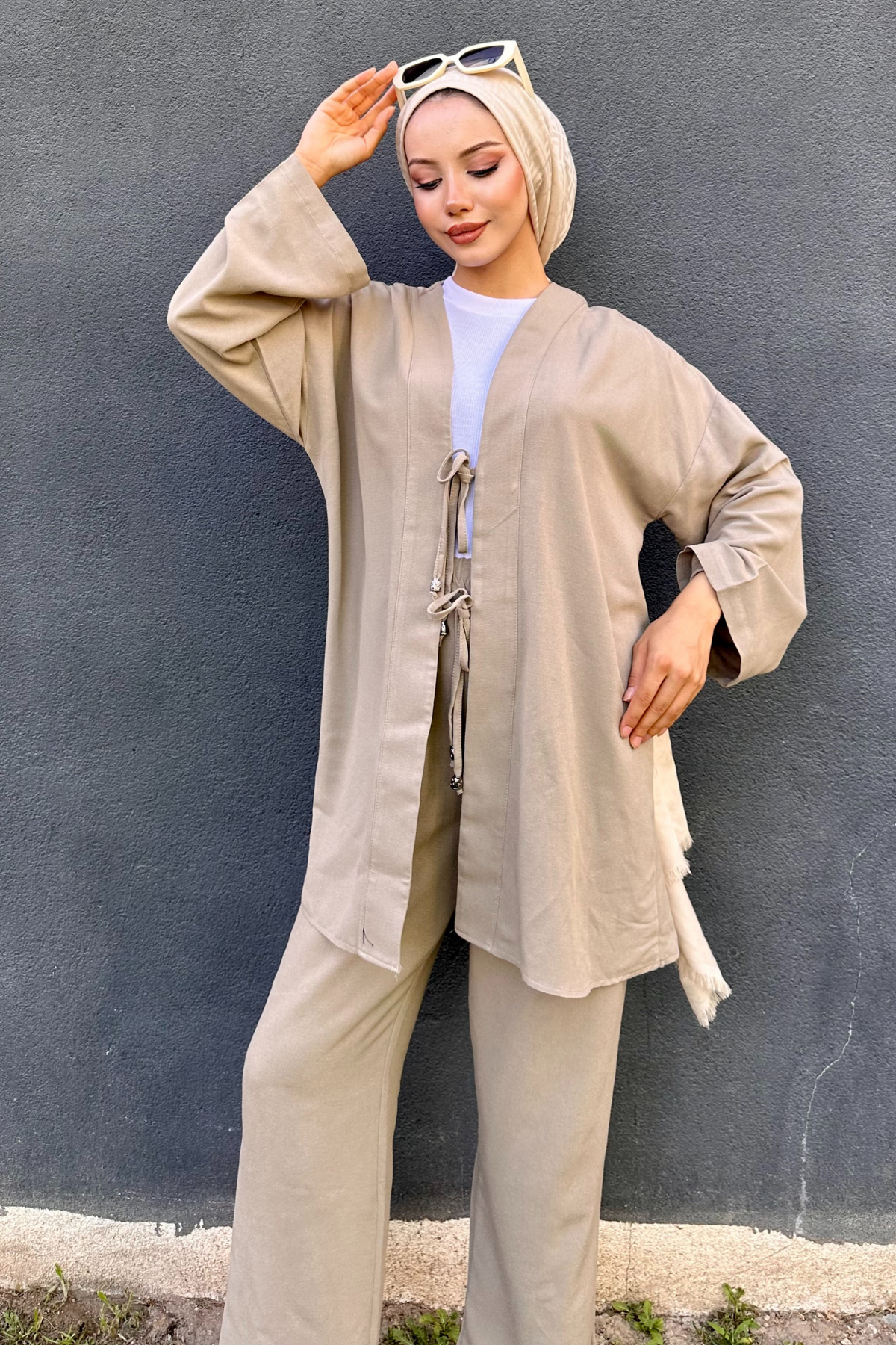 Ham Keten Kimono Takım KOYU BEJ
