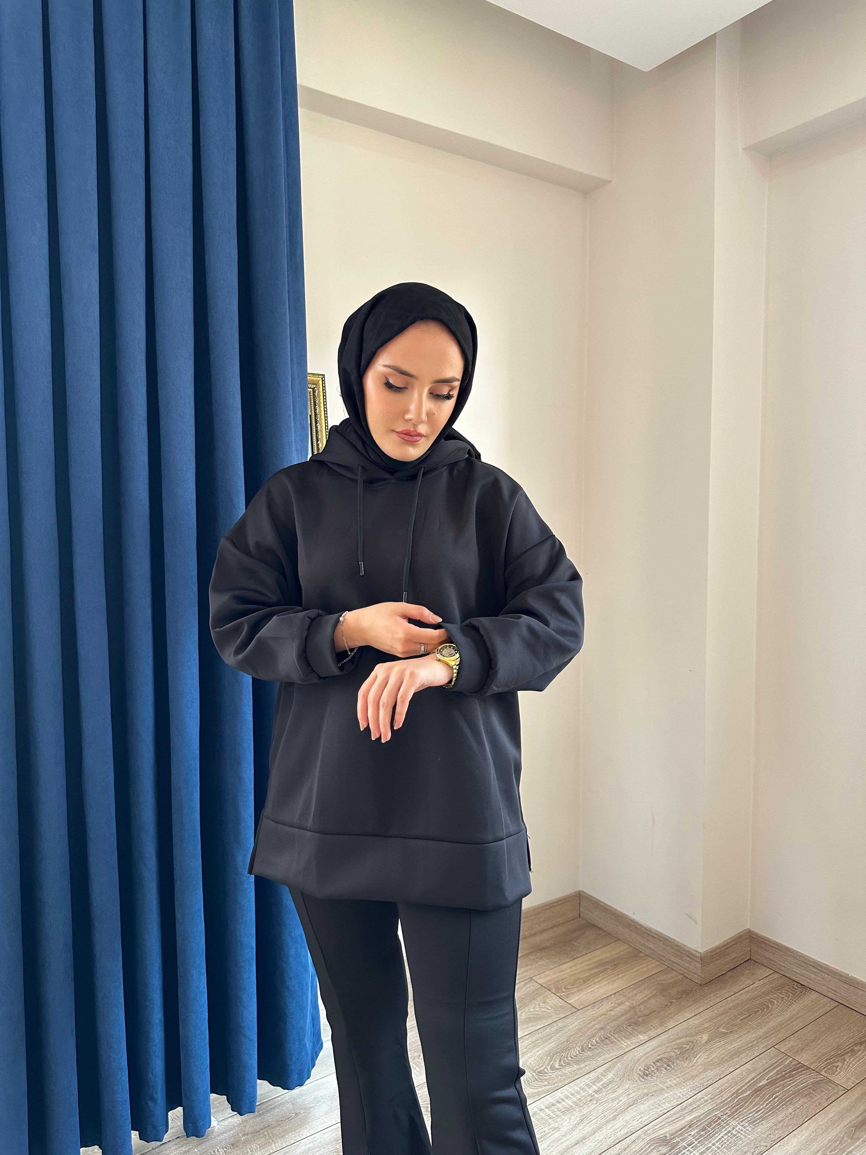 Kapüşonlu Premium Scuba Takım Siyah