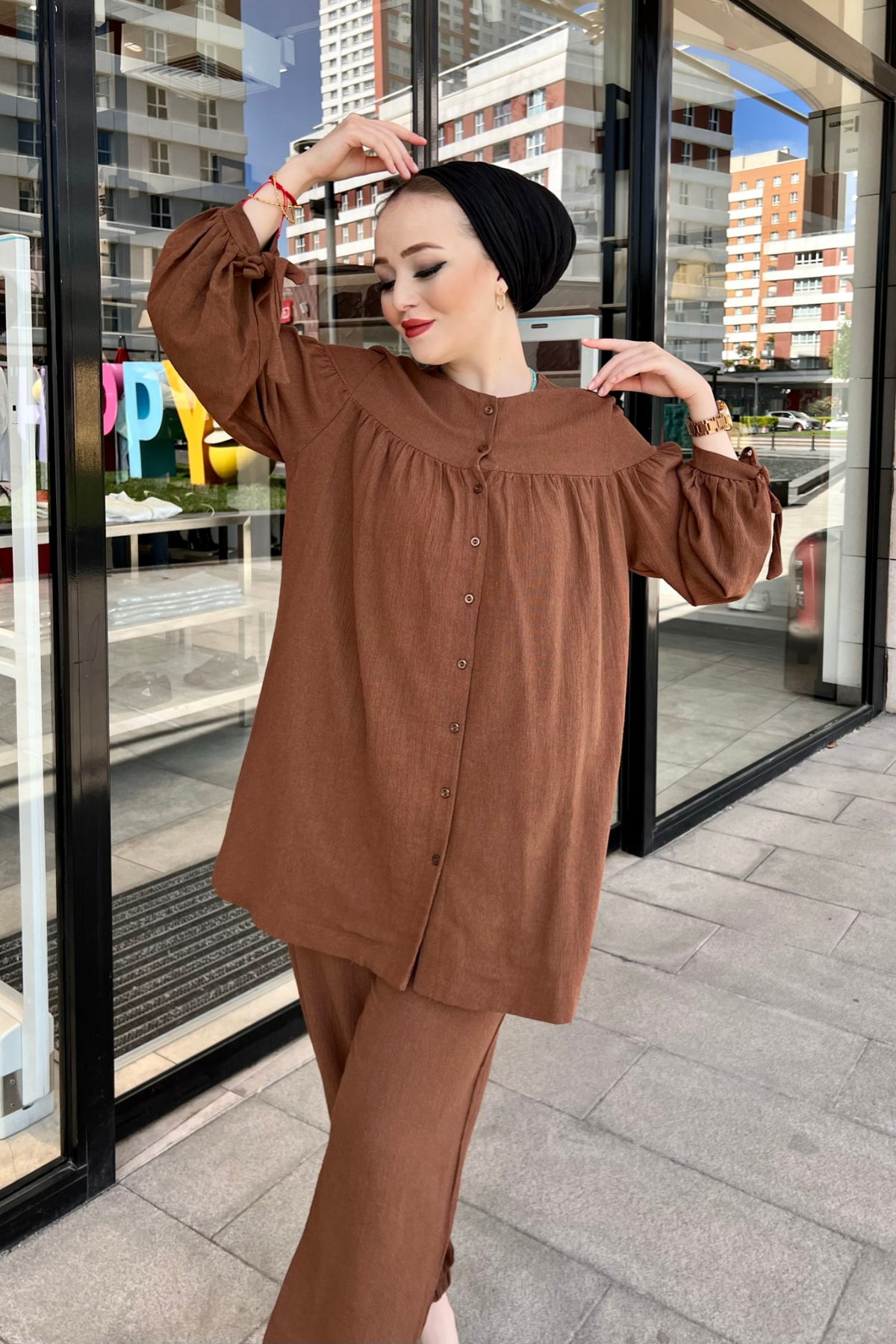 Kol Bağcıklı Müslin Takım ACI KAHVE