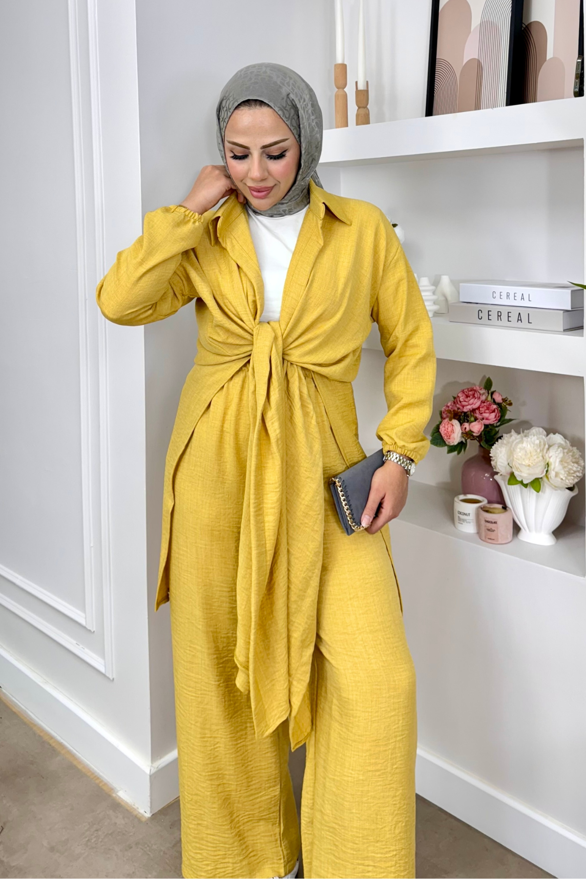 Merly Bağlamalı Keten Takım YAĞ YEŞİLİ