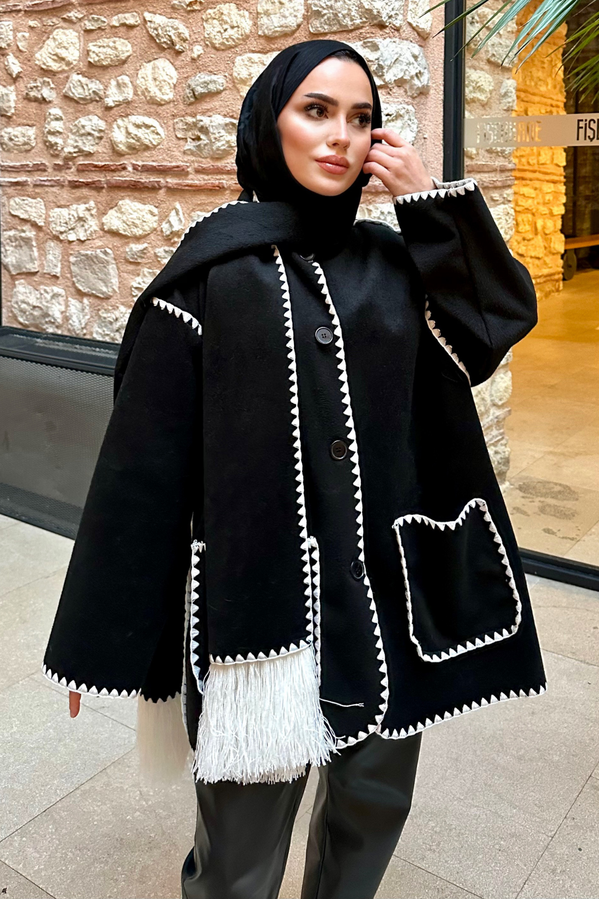 Pinterest Atkılı Kaşe Kaban SİYAH