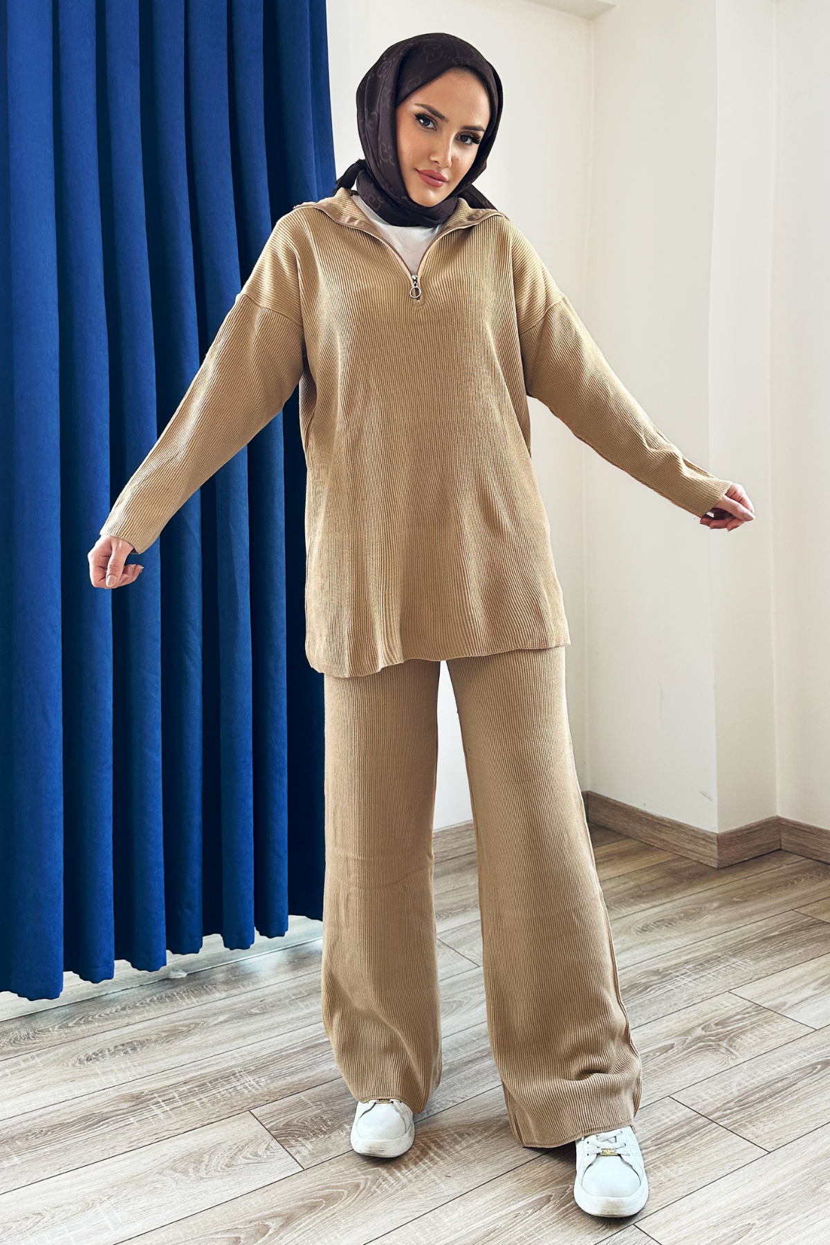 Premium Fermuarlı Triko Takım CAMEL